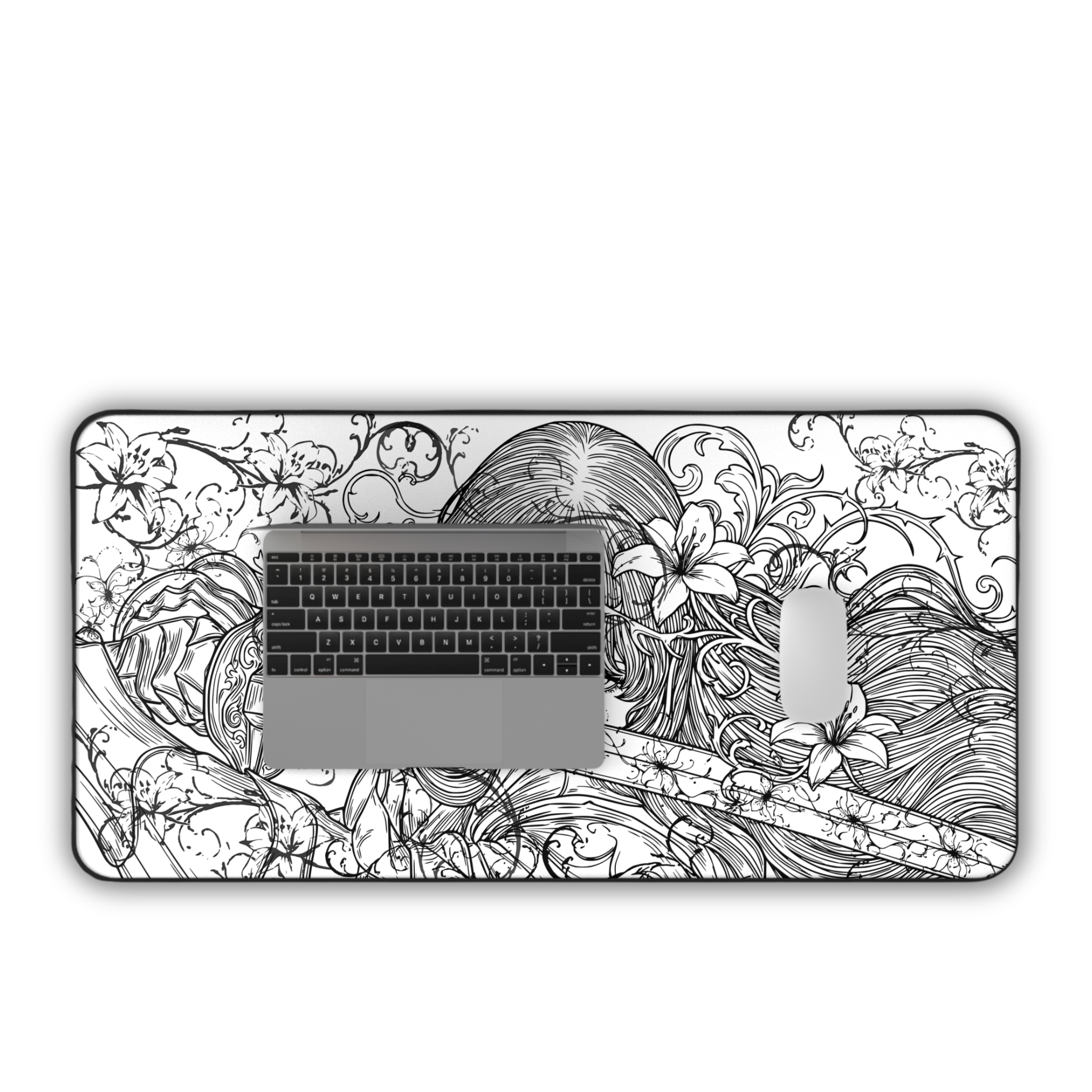 Samurai Girl – White Desk Mat – Monochrome Sword Mouse Pad