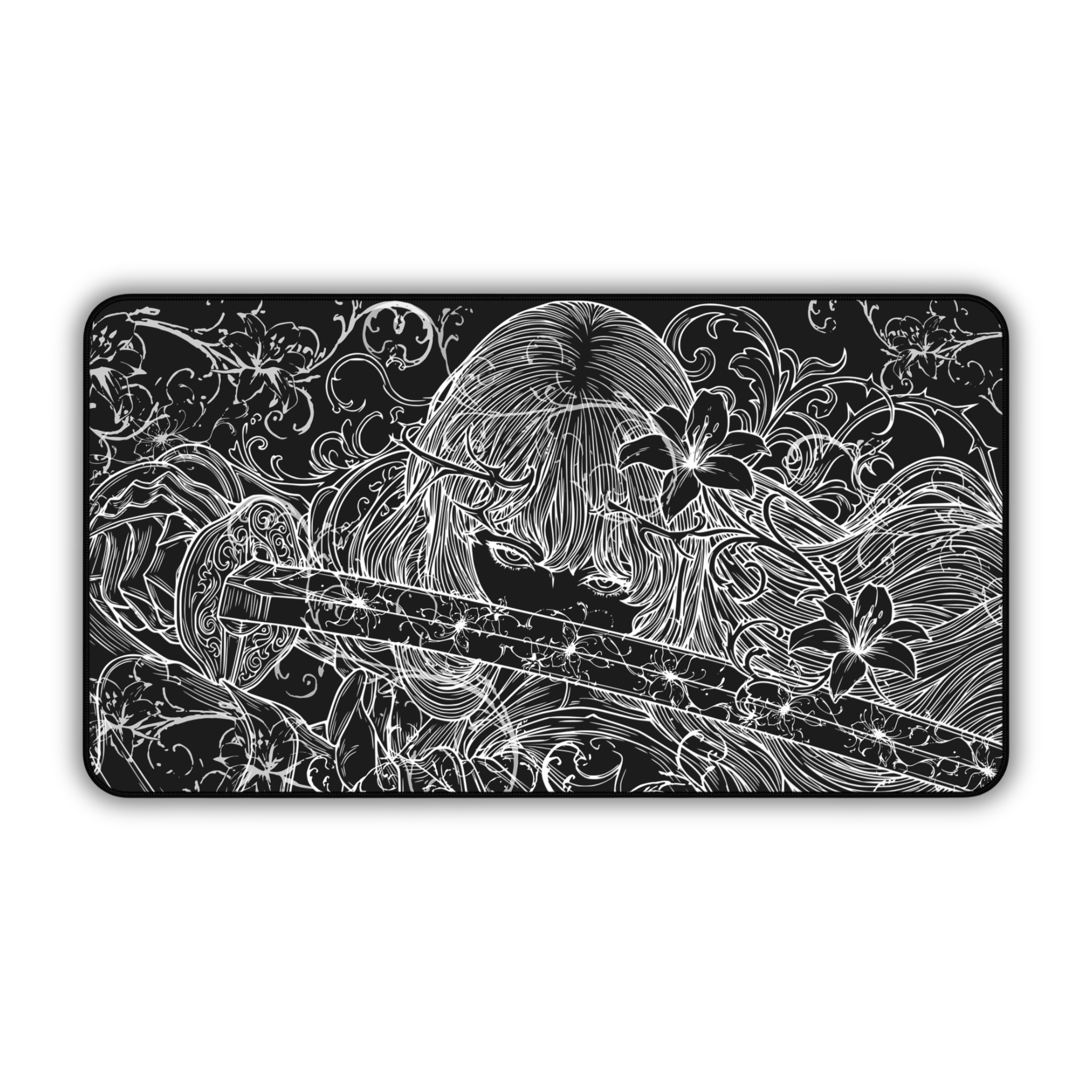 Samurai Girl – Black Desk Mat – Monochrome Sword Mouse Pad