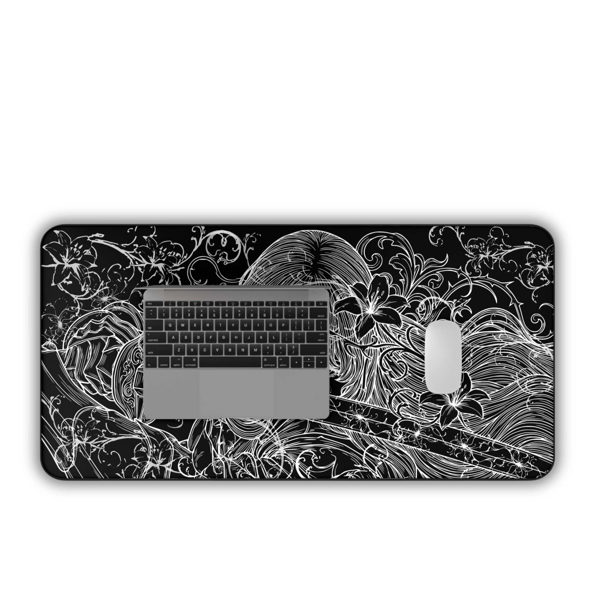 Samurai Girl – Black Desk Mat – Monochrome Sword Mouse Pad