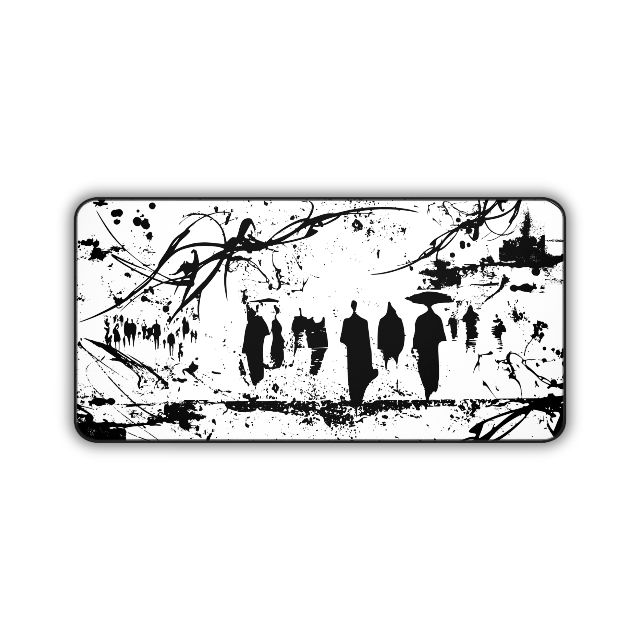 Abstract Silhouetted Walkers – White Desk Mat – Minimal Monochrome Mouse Pad