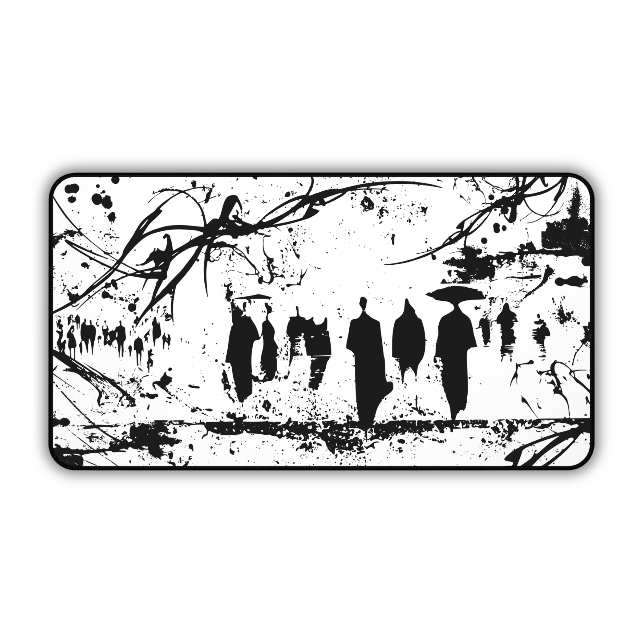 Abstract Silhouetted Walkers – White Desk Mat – Minimal Monochrome Mouse Pad
