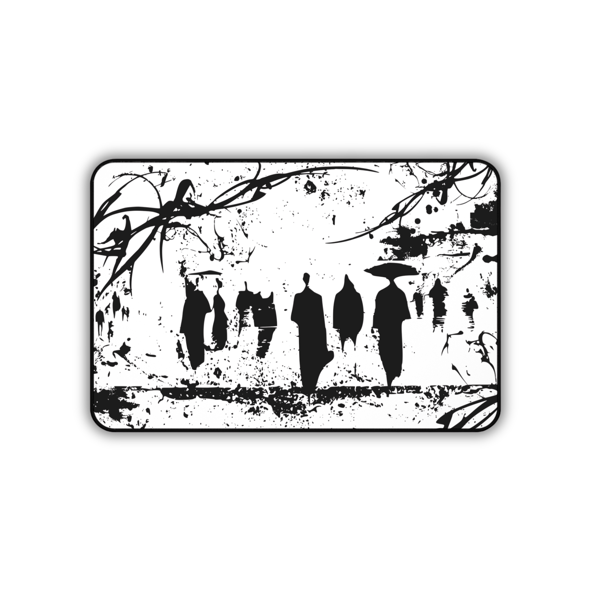 Abstract Silhouetted Walkers – White Desk Mat – Minimal Monochrome Mouse Pad