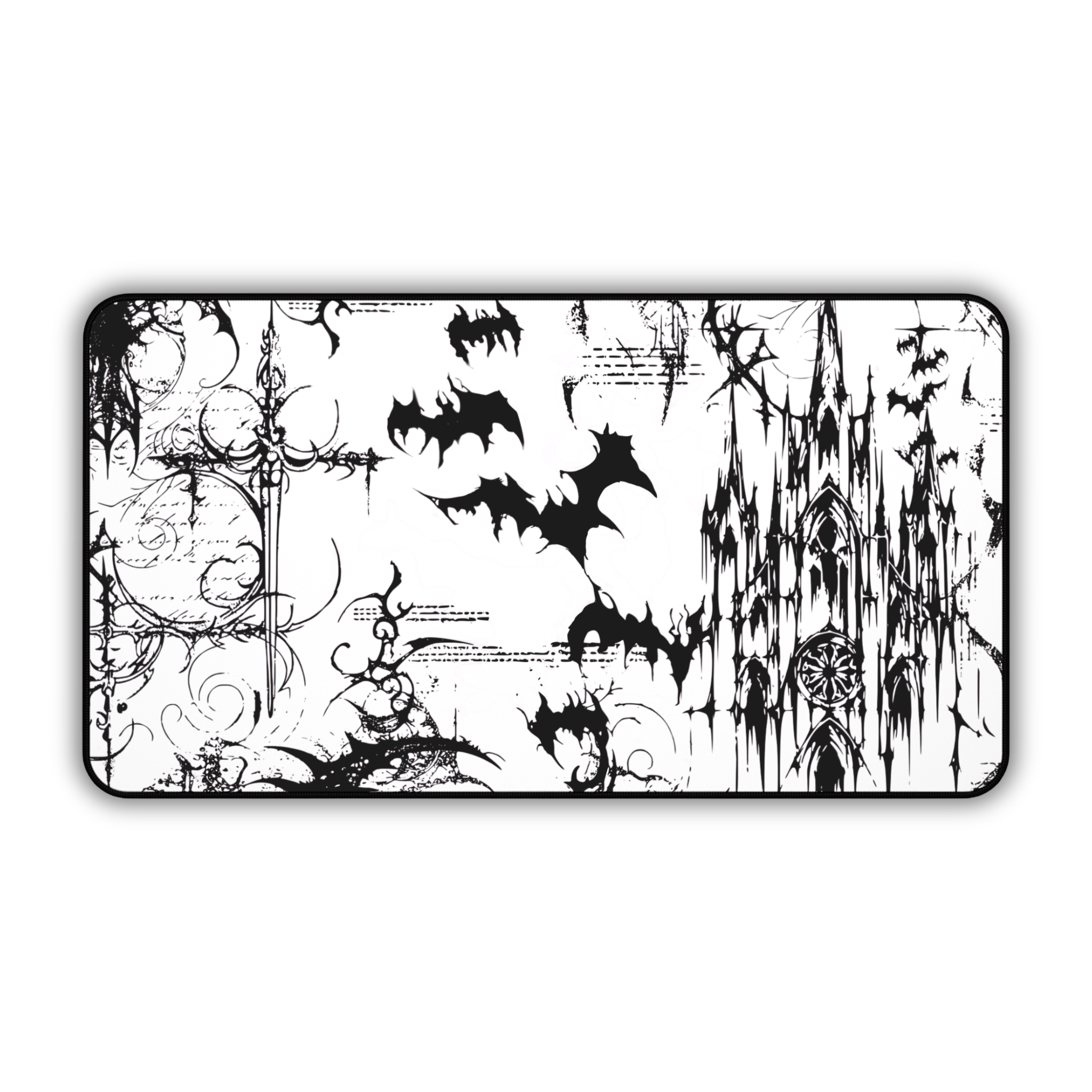 Gothic Castle with Bats – White Desk Mat – Vampire Aesthetic Mouse Pad