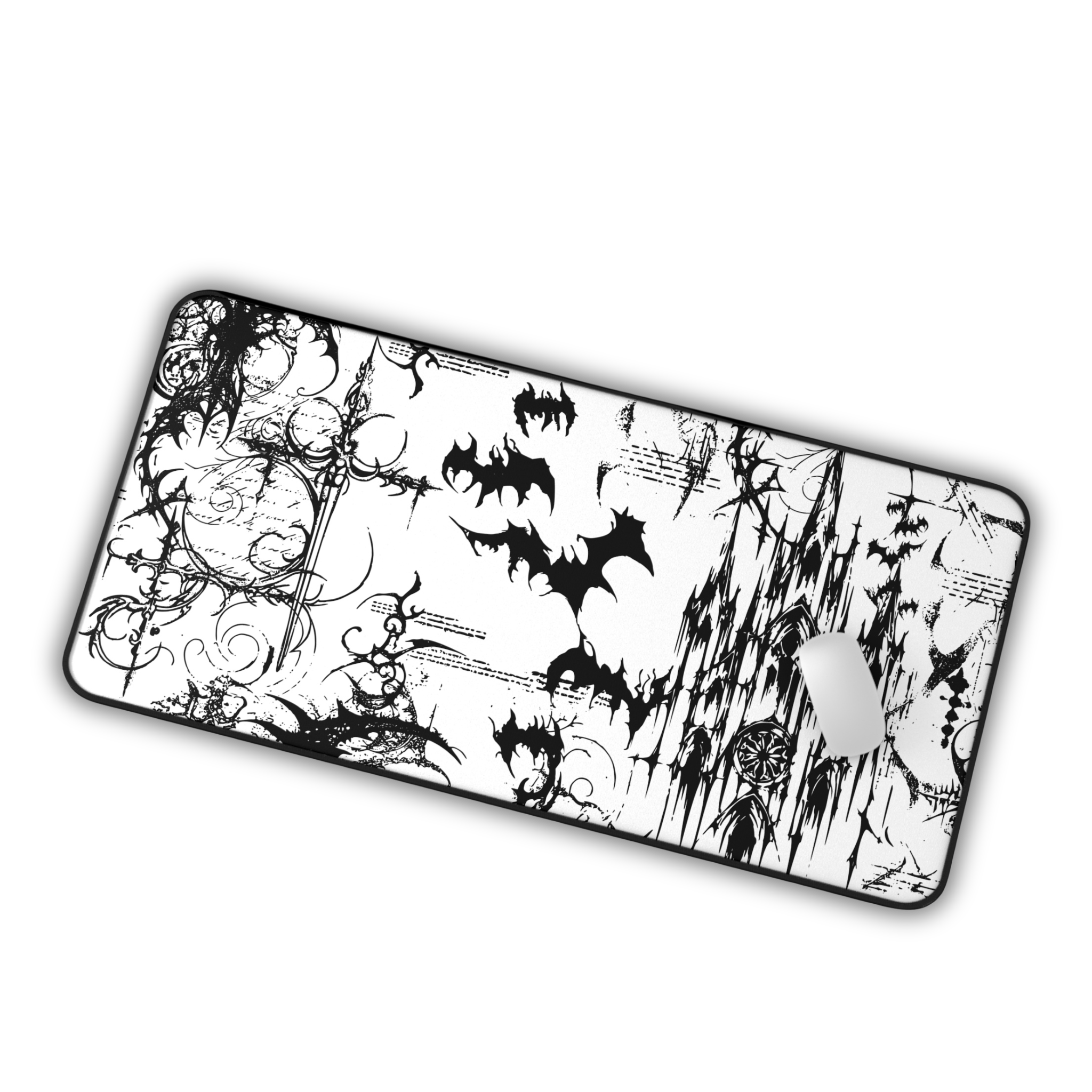 Gothic Castle with Bats – White Desk Mat – Vampire Aesthetic Mouse Pad