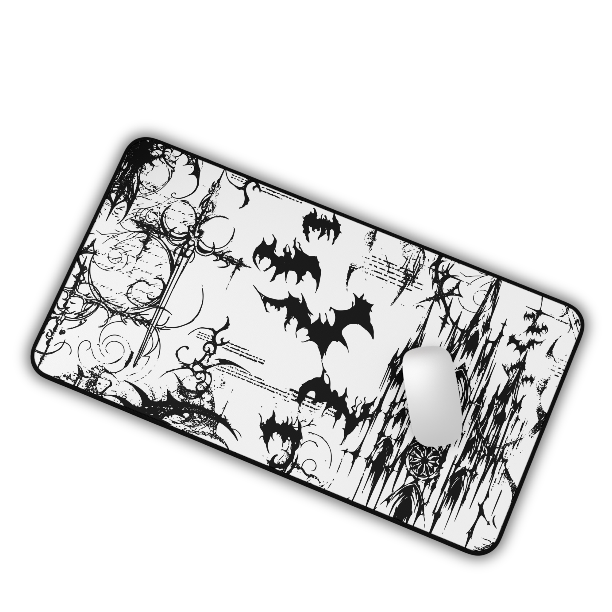 Gothic Castle with Bats – White Desk Mat – Vampire Aesthetic Mouse Pad