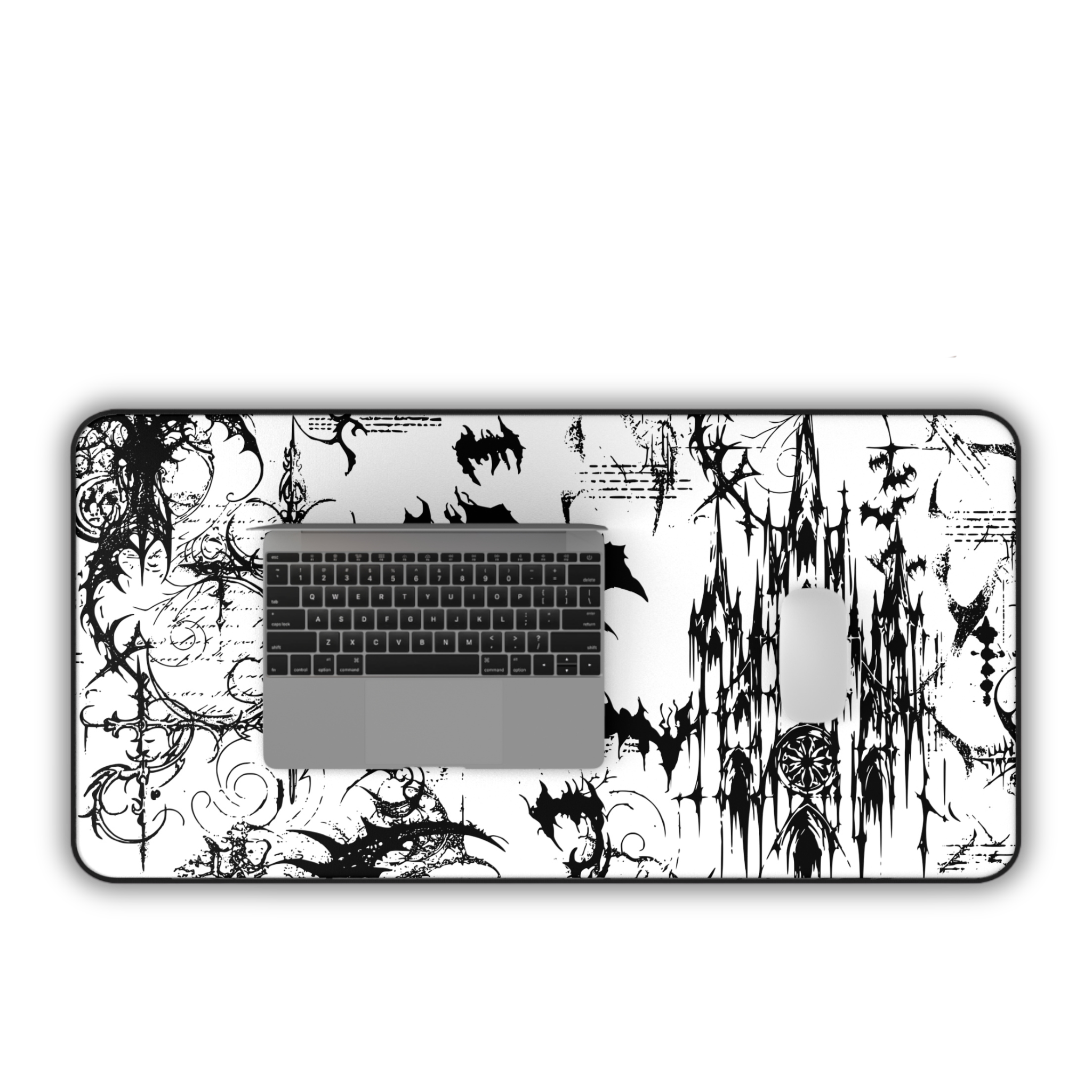 Gothic Castle with Bats – White Desk Mat – Vampire Aesthetic Mouse Pad