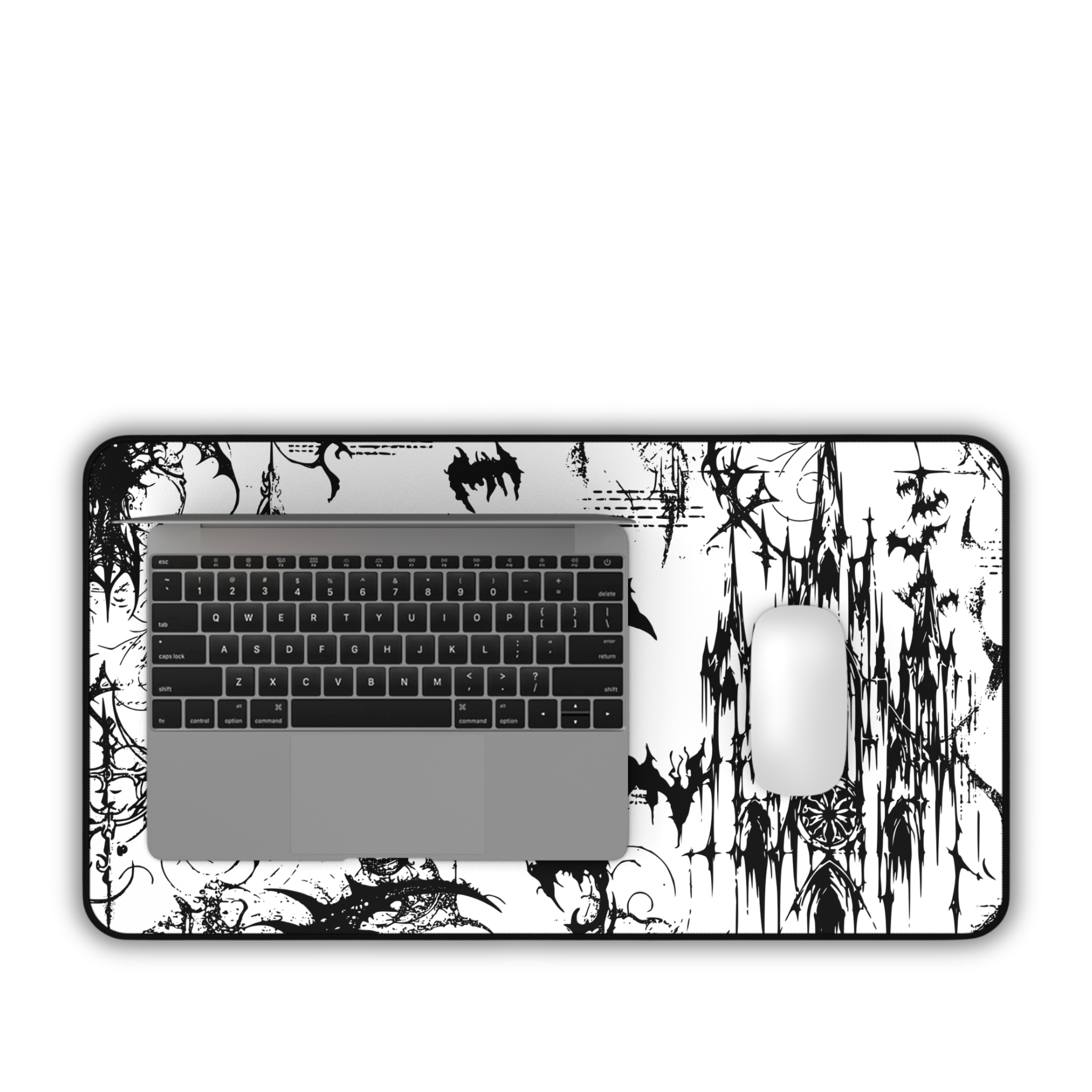 Gothic Castle with Bats – White Desk Mat – Vampire Aesthetic Mouse Pad