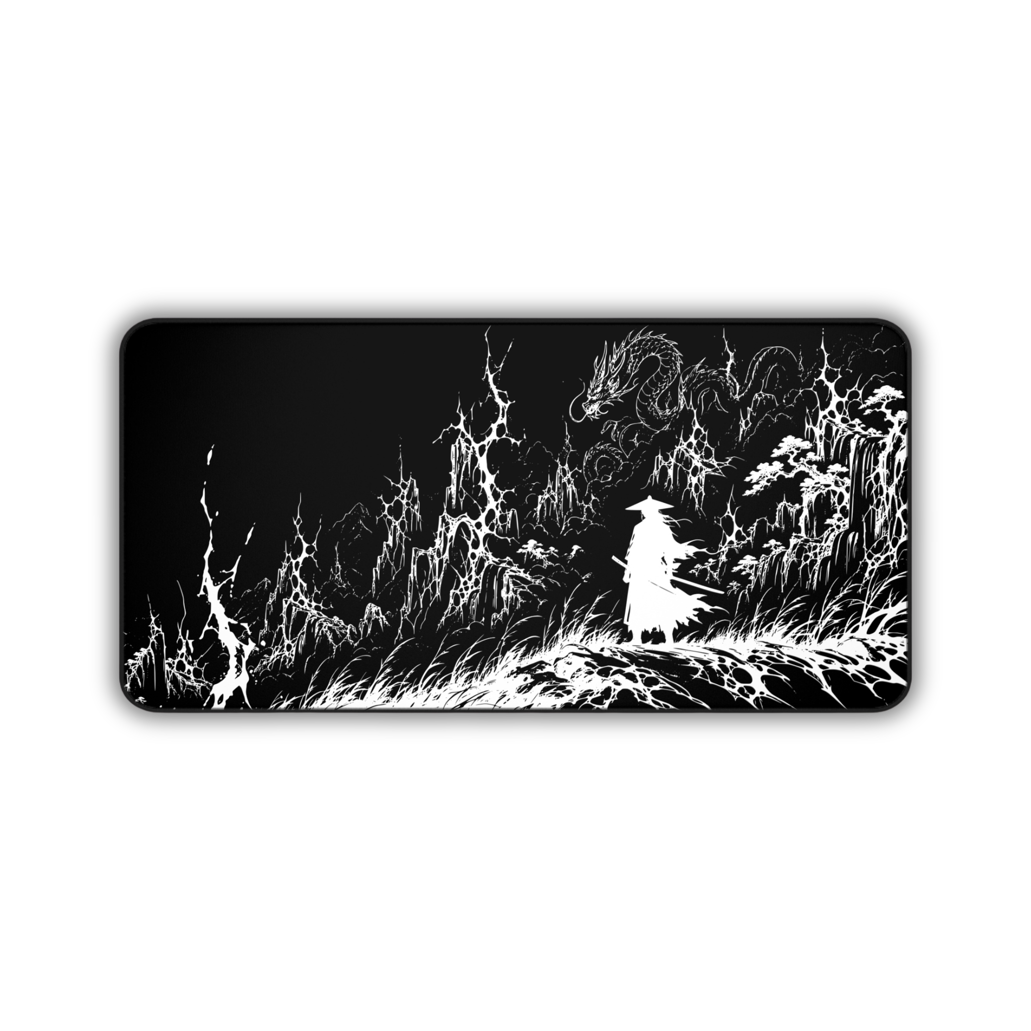 Samurai Silhouette with Dragon – Black Desk Mat – Japanese Warrior Mouse Pad
