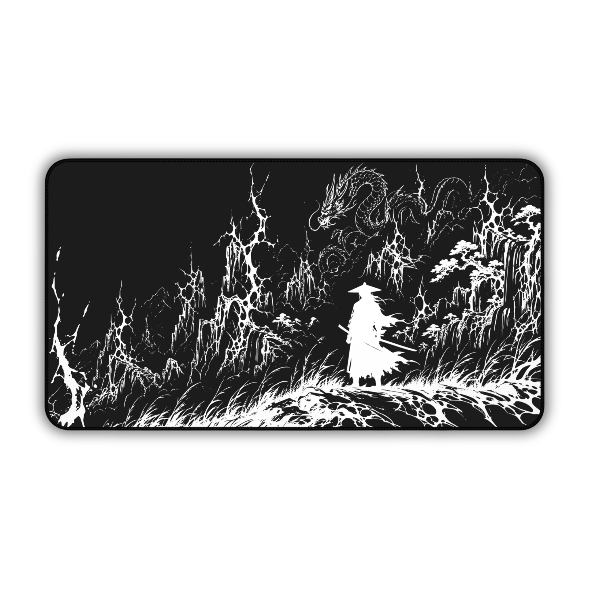 Samurai Silhouette with Dragon – Black Desk Mat – Japanese Warrior Mouse Pad