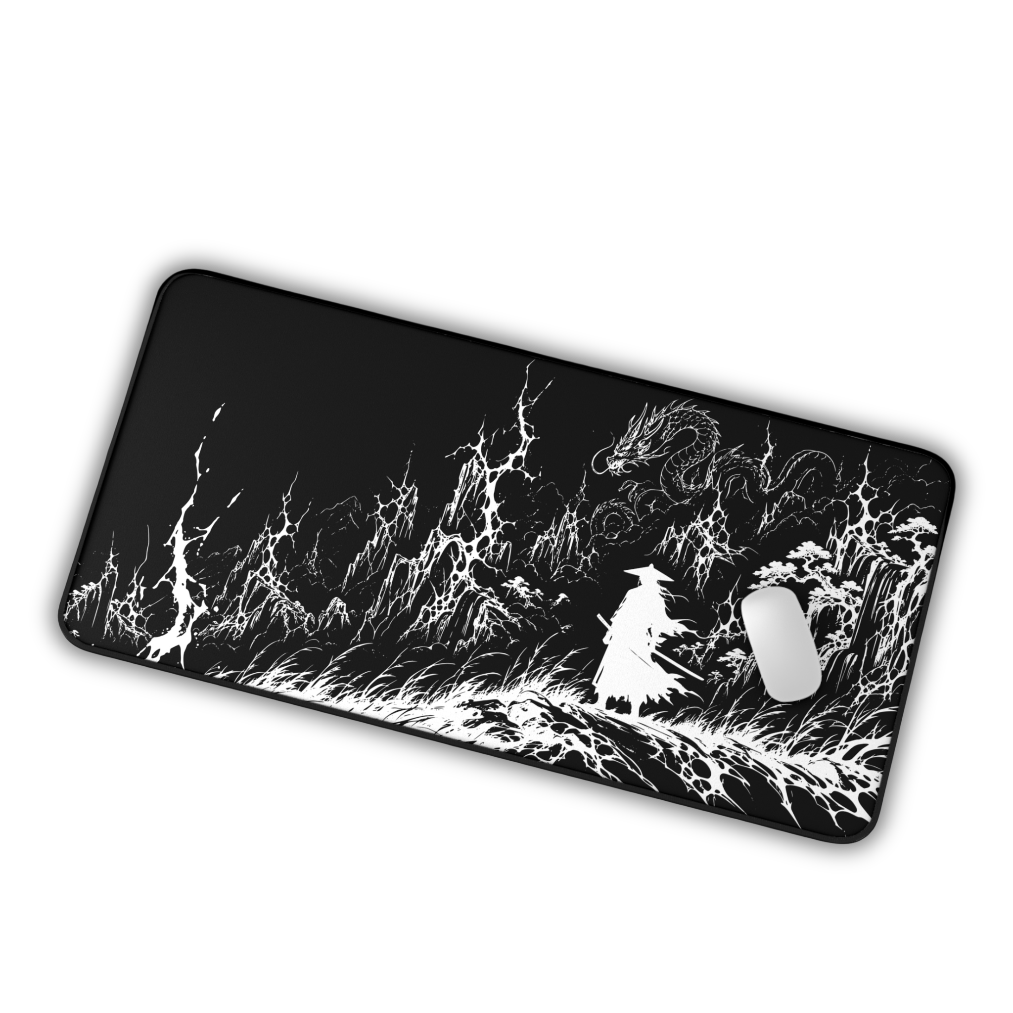 Samurai Silhouette with Dragon – Black Desk Mat – Japanese Warrior Mouse Pad