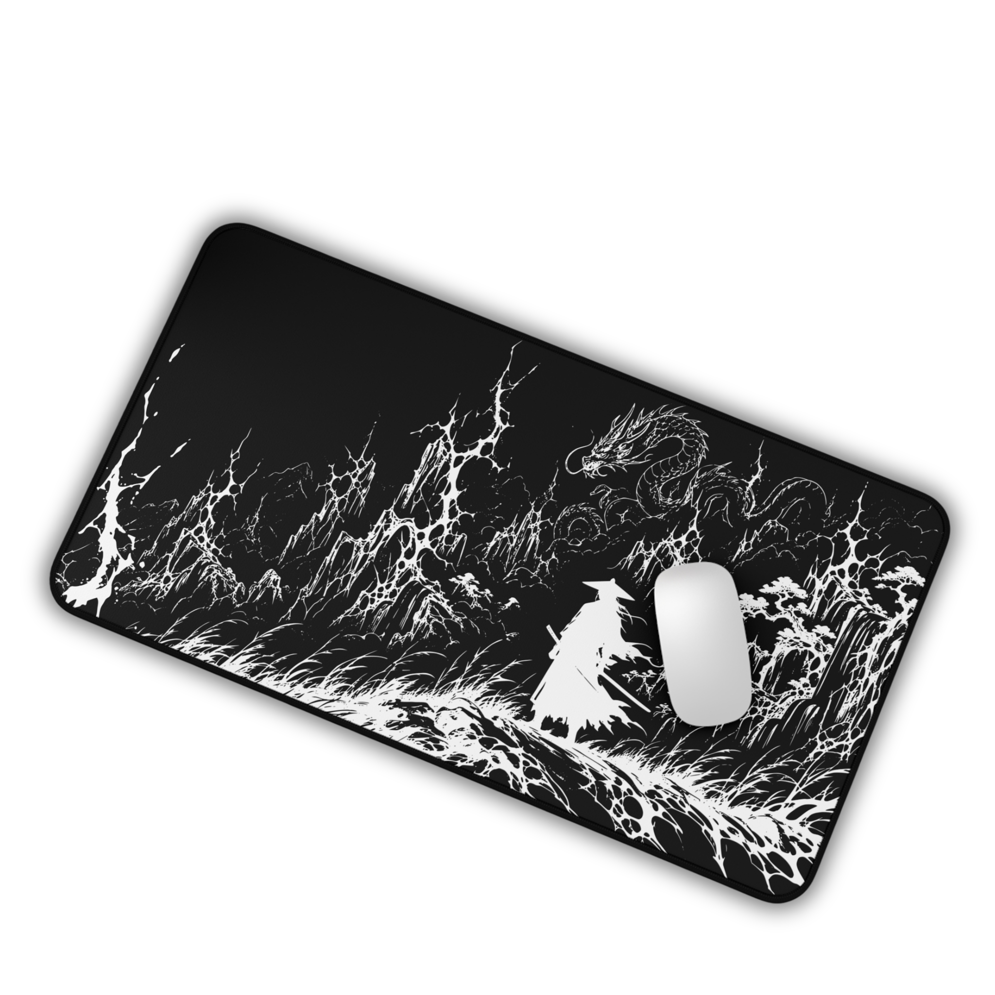 Samurai Silhouette with Dragon – Black Desk Mat – Japanese Warrior Mouse Pad