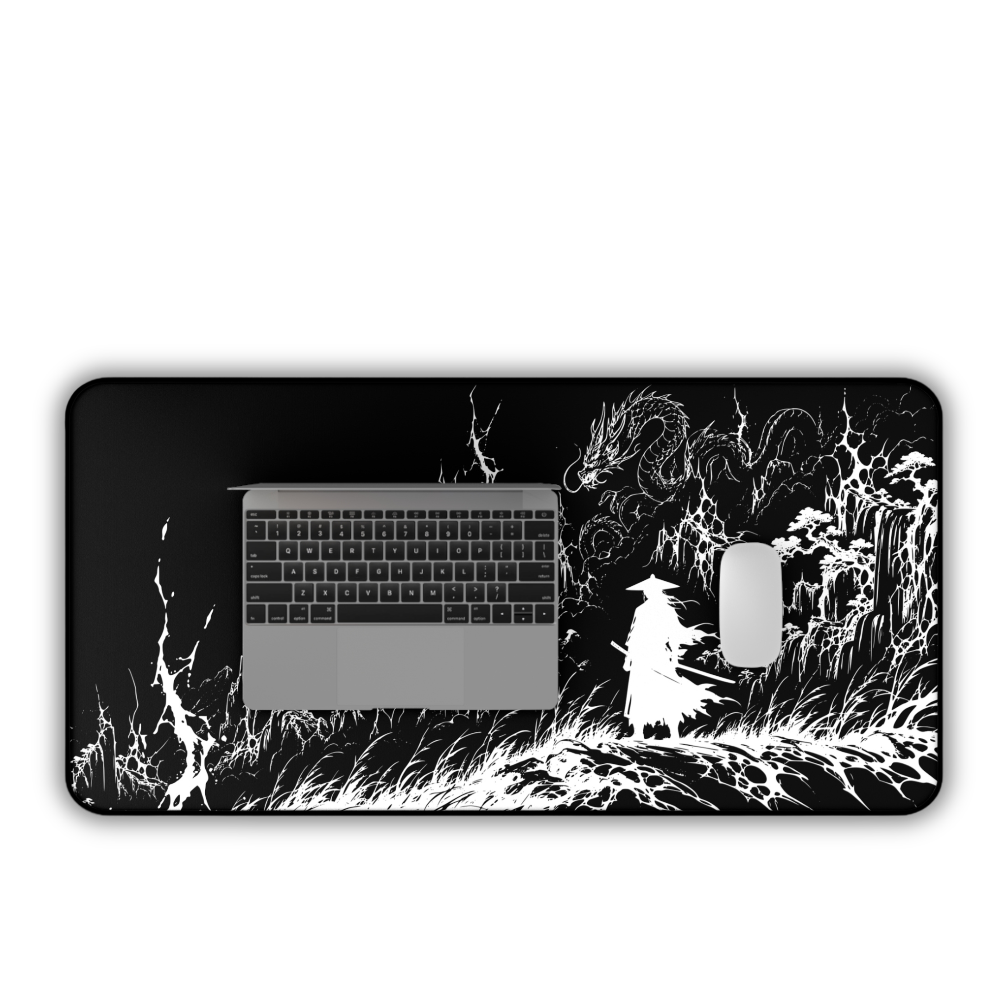 Samurai Silhouette with Dragon – Black Desk Mat – Japanese Warrior Mouse Pad