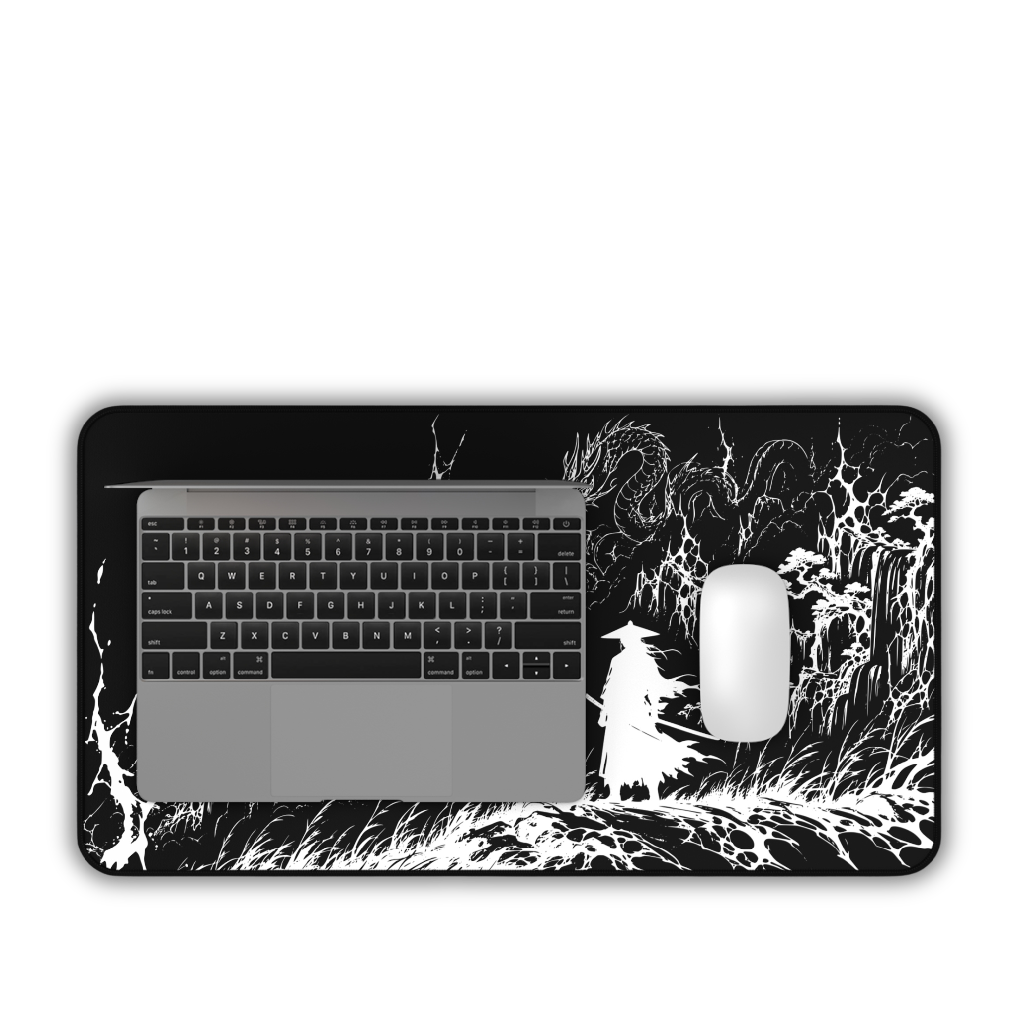 Samurai Silhouette with Dragon – Black Desk Mat – Japanese Warrior Mouse Pad