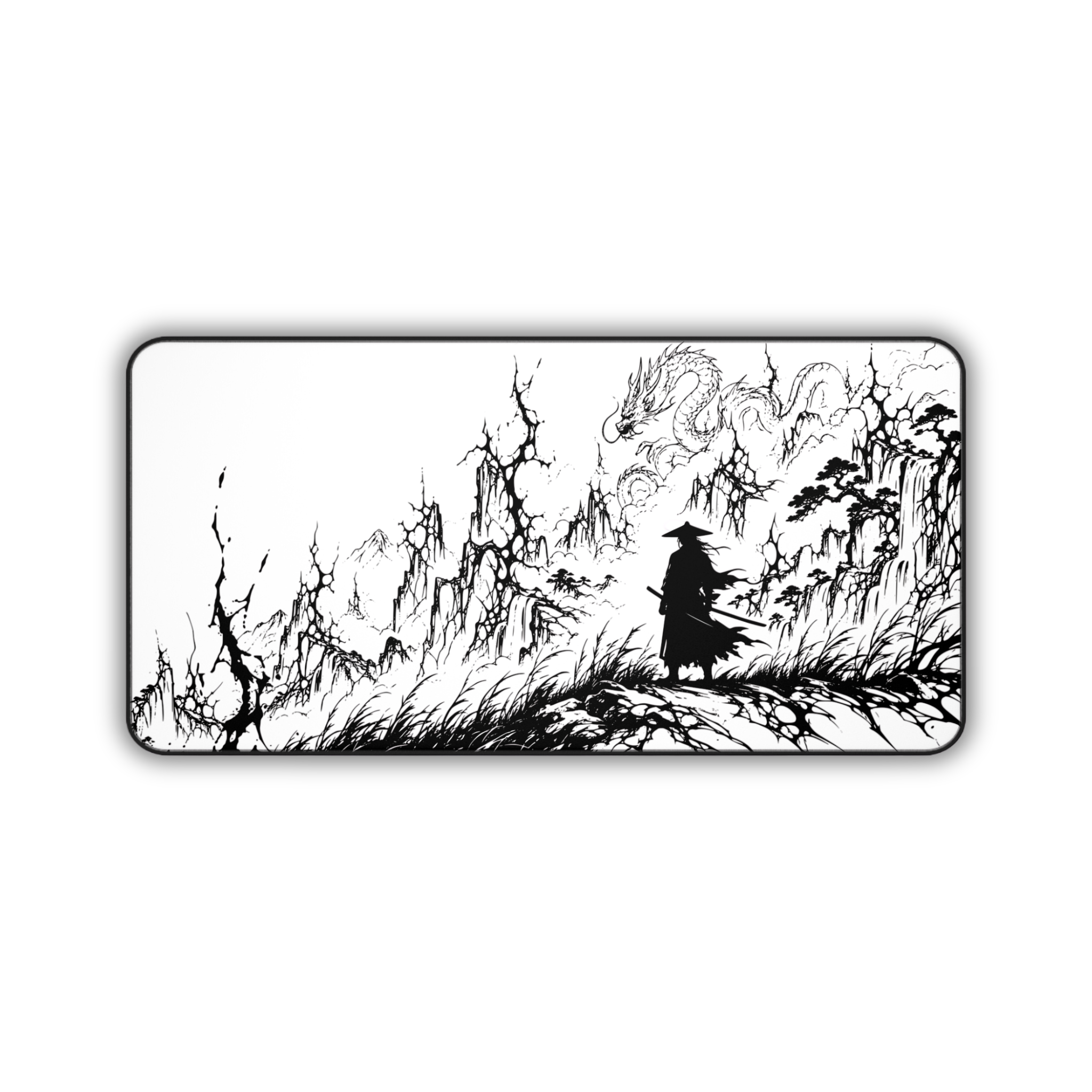 Samurai Dragon Ink Landscape – White Desk Mat – Japanese Warrior Mouse Pad