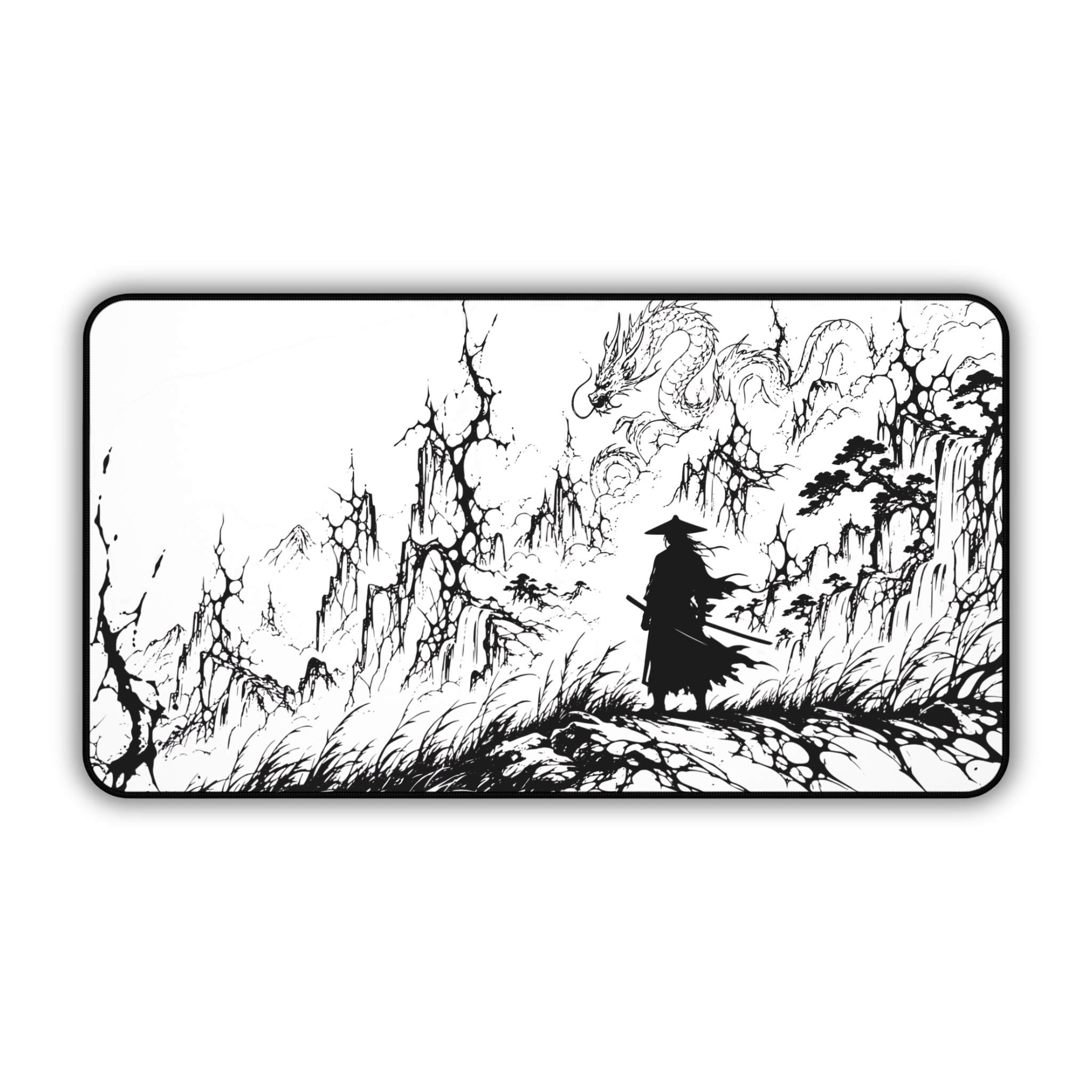 Samurai Dragon Ink Landscape – White Desk Mat – Japanese Warrior Mouse Pad
