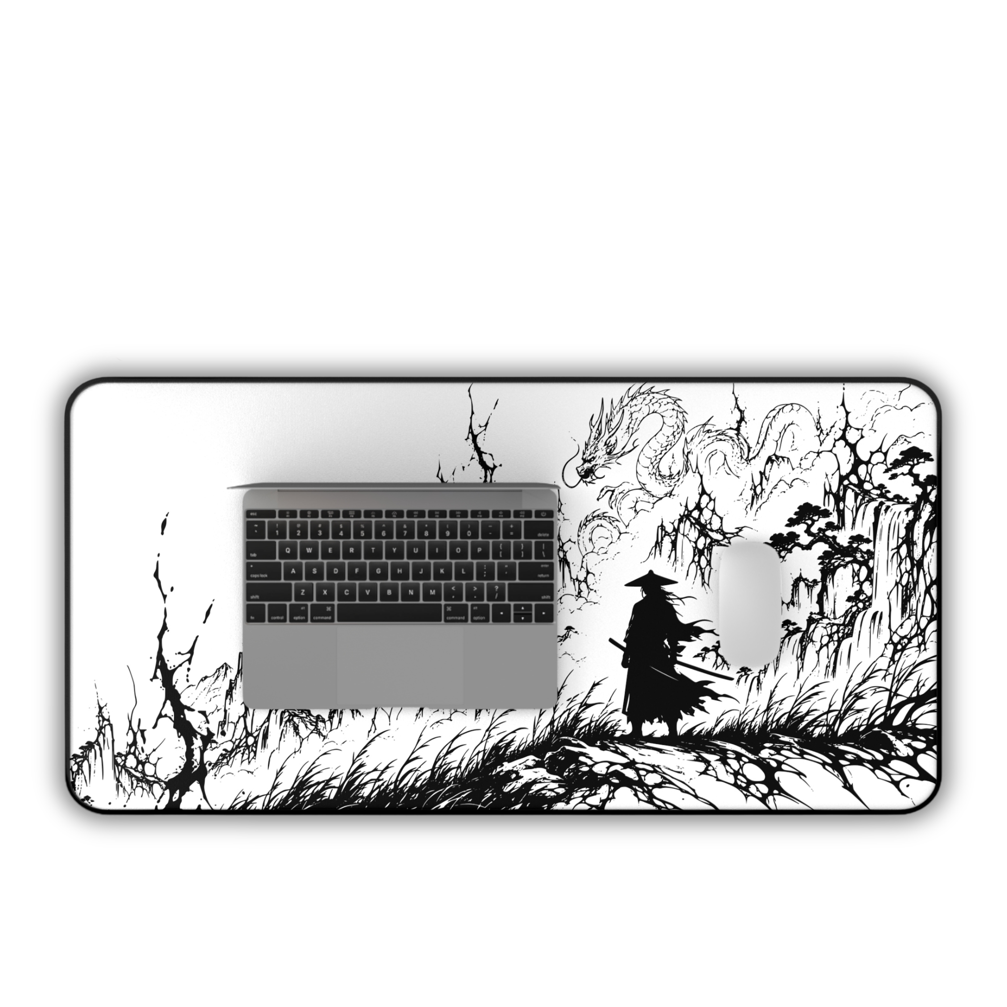 Samurai Dragon Ink Landscape – White Desk Mat – Japanese Warrior Mouse Pad