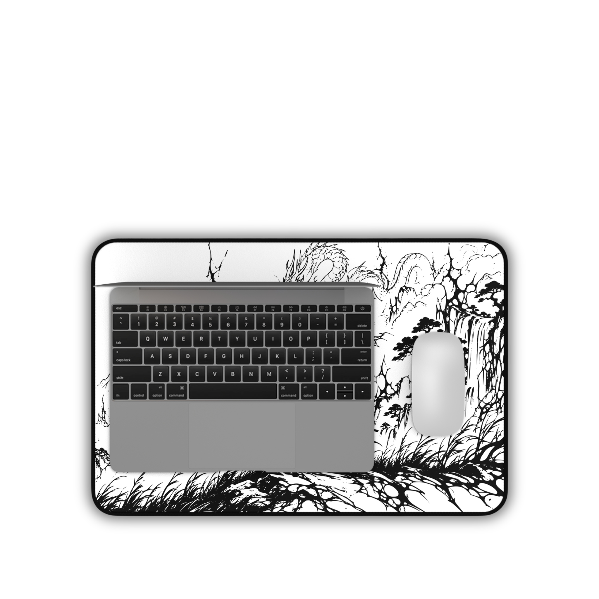 Samurai Dragon Ink Landscape – White Desk Mat – Japanese Warrior Mouse Pad