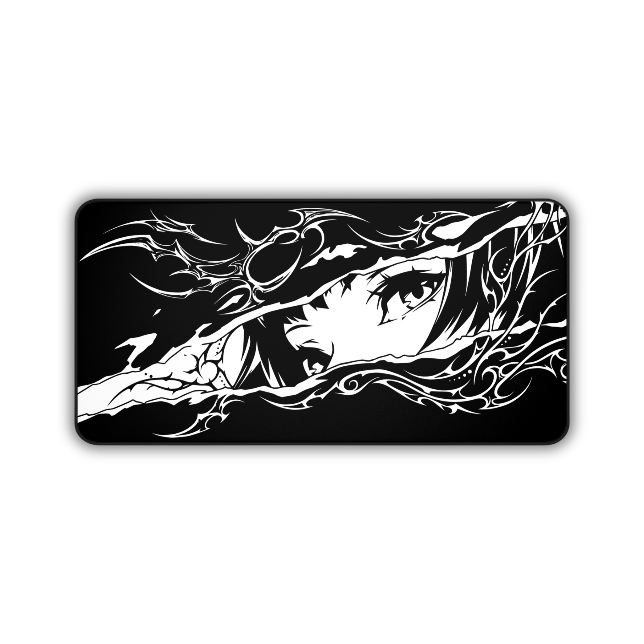 Cyber Sigil Ripped Anime Eyes – Black Desk Mat – Monochrome Illustration Mouse Pad
