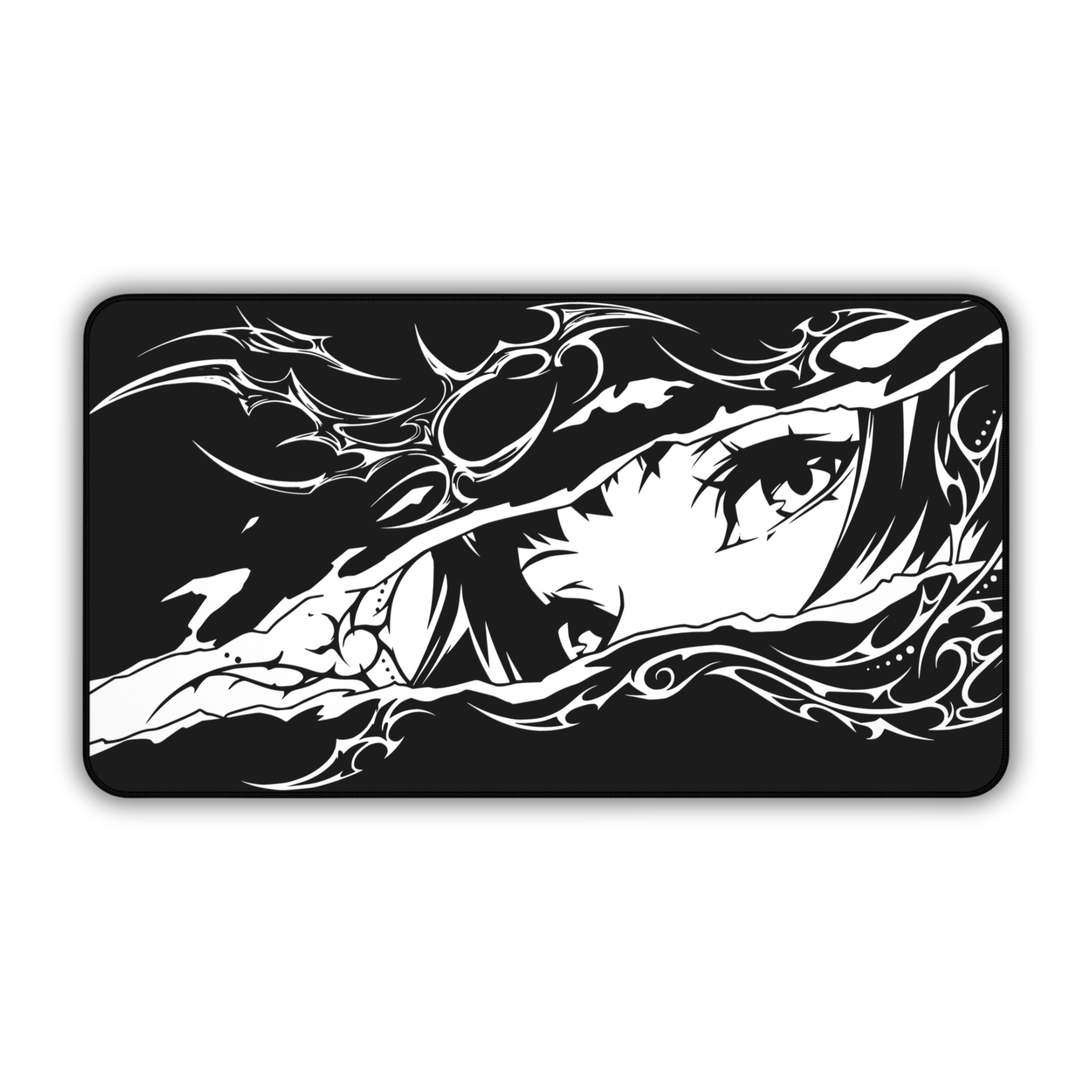 Cyber Sigil Ripped Anime Eyes – Black Desk Mat – Monochrome Illustration Mouse Pad