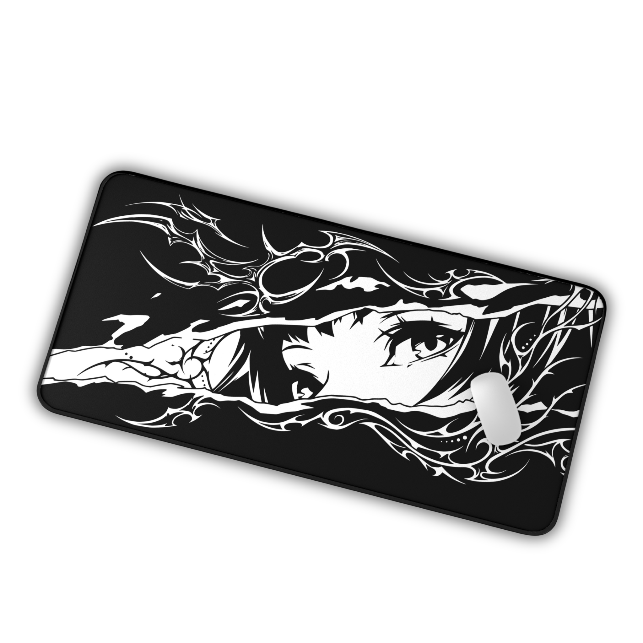 Cyber Sigil Ripped Anime Eyes – Black Desk Mat – Monochrome Illustration Mouse Pad