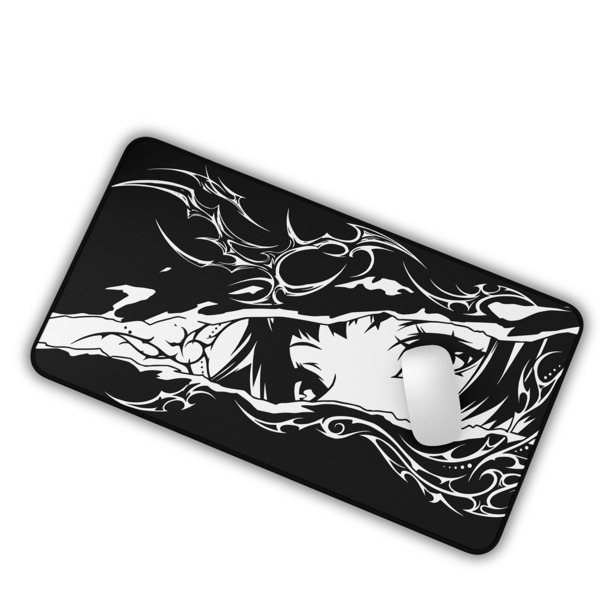 Cyber Sigil Ripped Anime Eyes – Black Desk Mat – Monochrome Illustration Mouse Pad