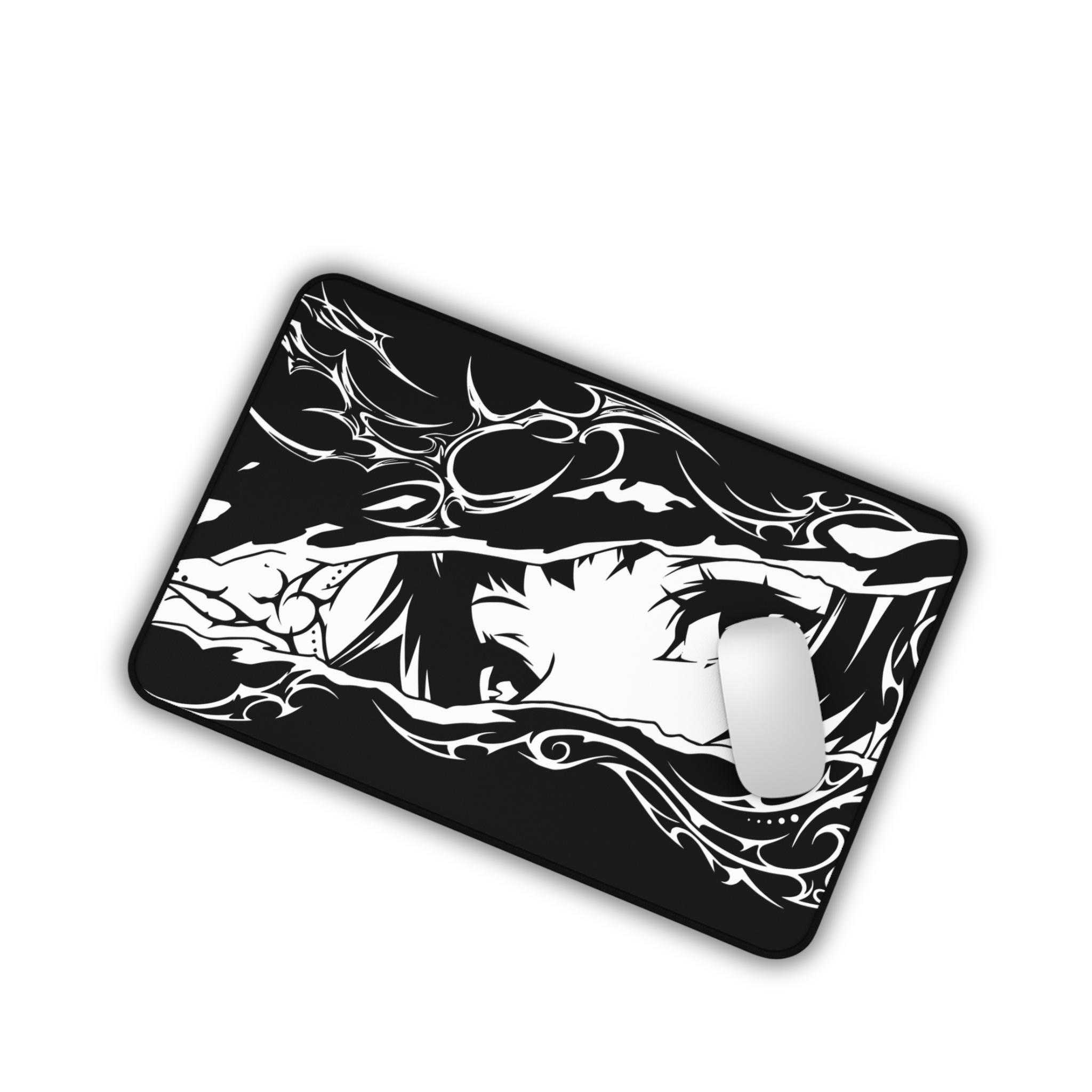 Cyber Sigil Ripped Anime Eyes – Black Desk Mat – Monochrome Illustration Mouse Pad
