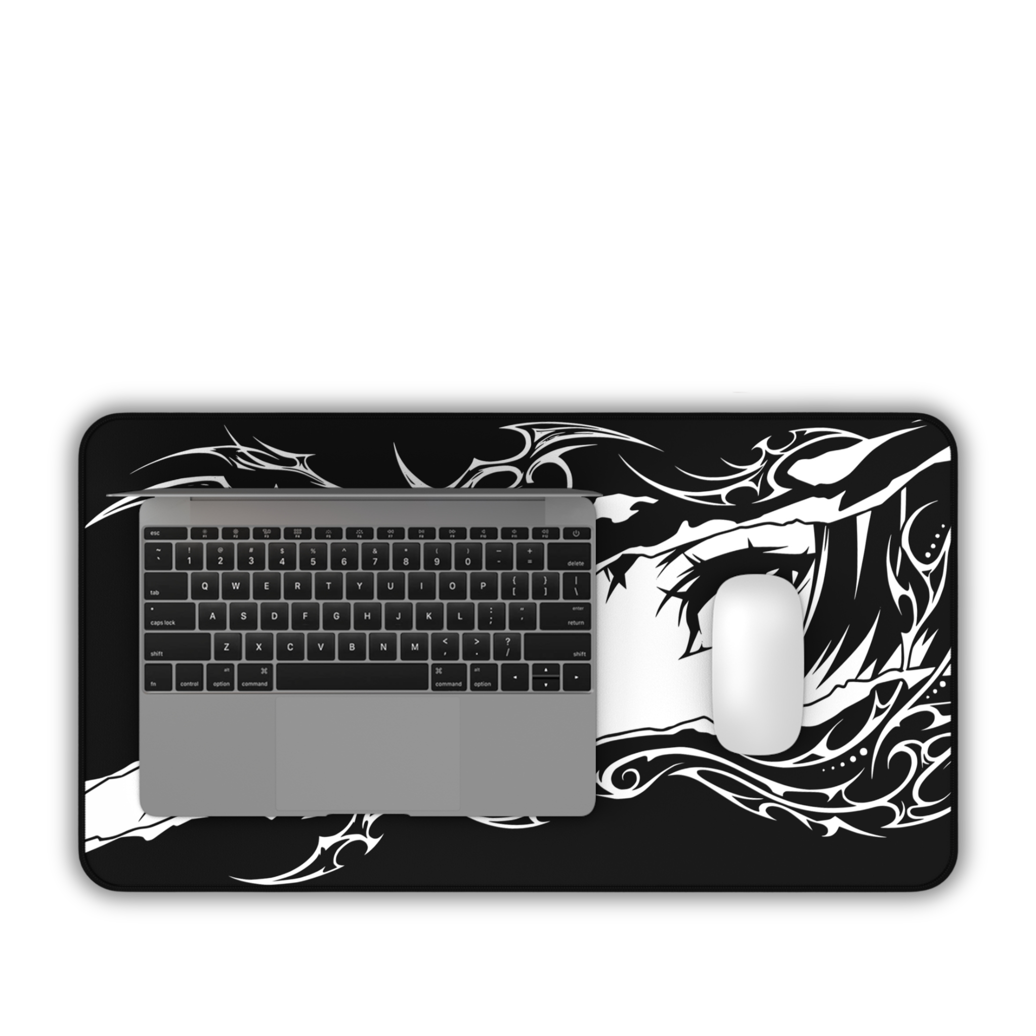 Cyber Sigil Ripped Anime Eyes – Black Desk Mat – Monochrome Illustration Mouse Pad
