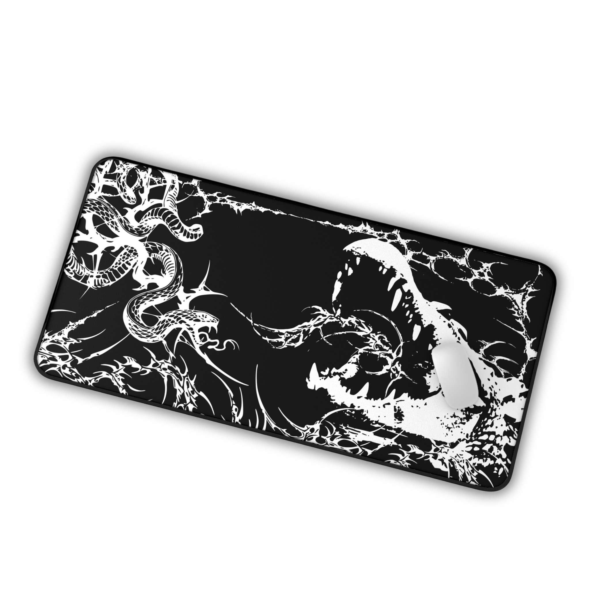 Crocodile and Snake Illustration – Black Desk Mat – Monochrome Animal Mouse Pad