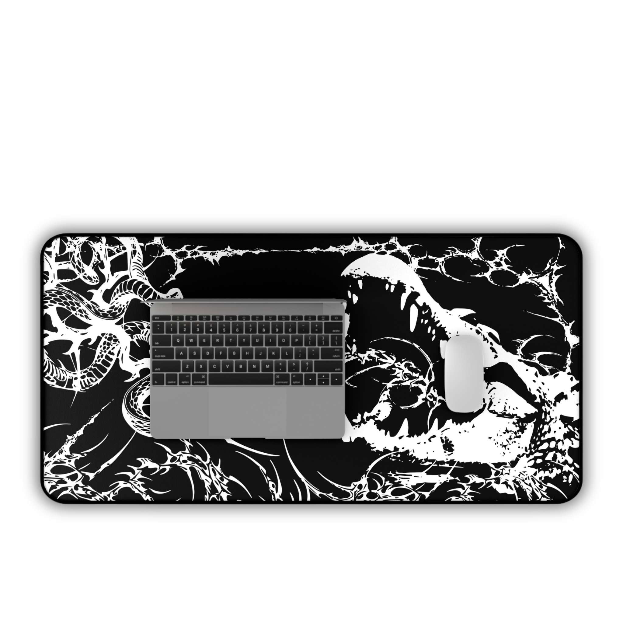Crocodile and Snake Illustration – Black Desk Mat – Monochrome Animal Mouse Pad