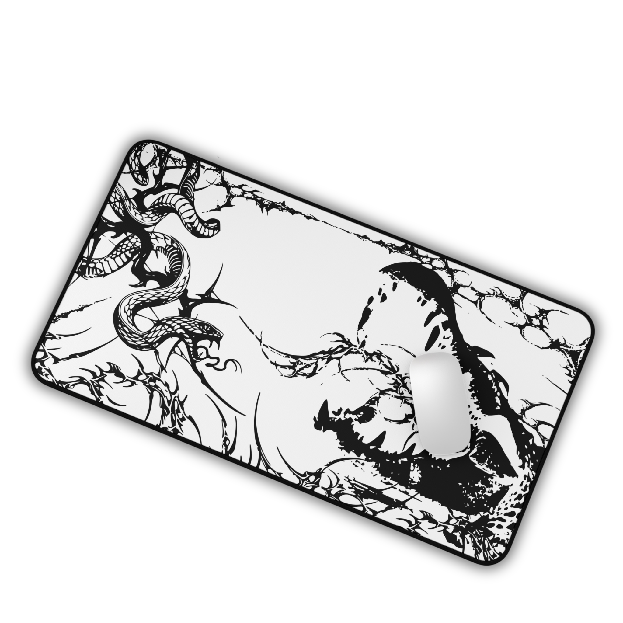 Crocodile and Snake – White Desk Mat – Monochrome Animal Mouse Pad