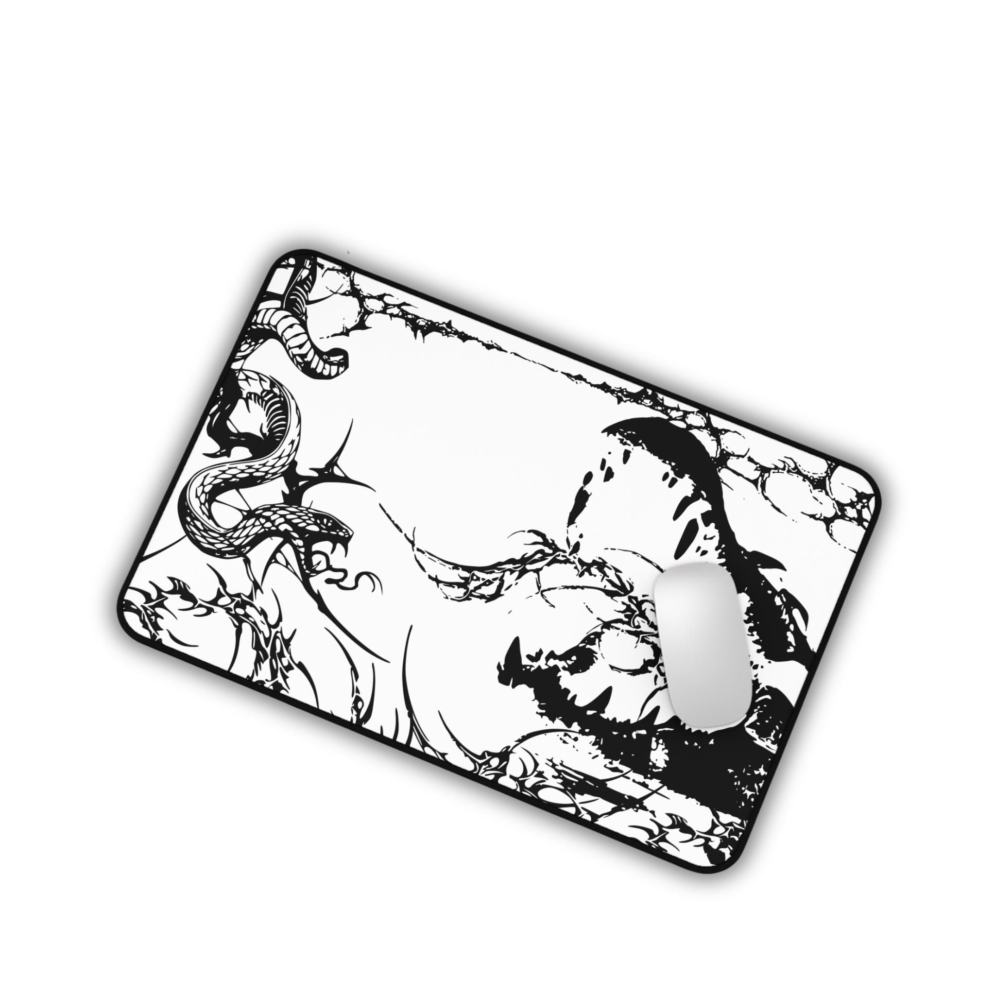 Crocodile and Snake – White Desk Mat – Monochrome Animal Mouse Pad