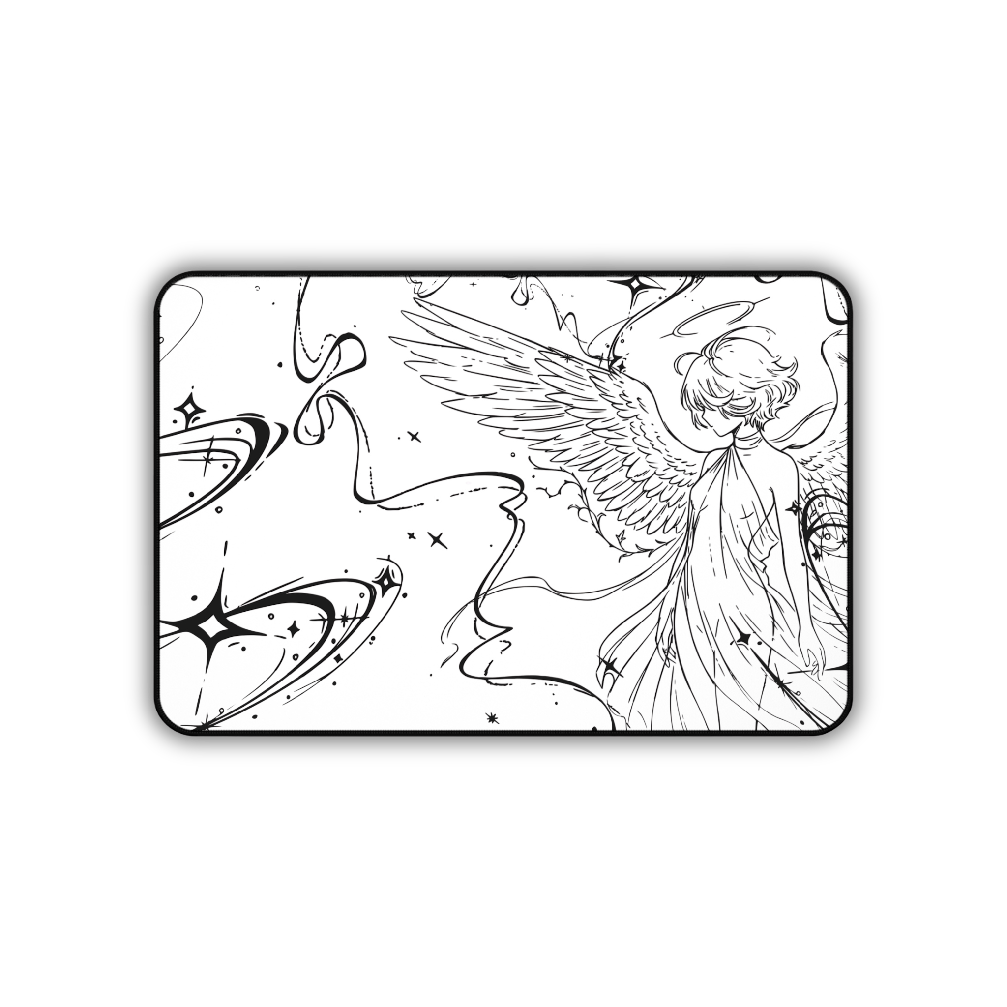 Angel Illustration – White Desk Mat – Winged Figure Line Art Mouse Pad