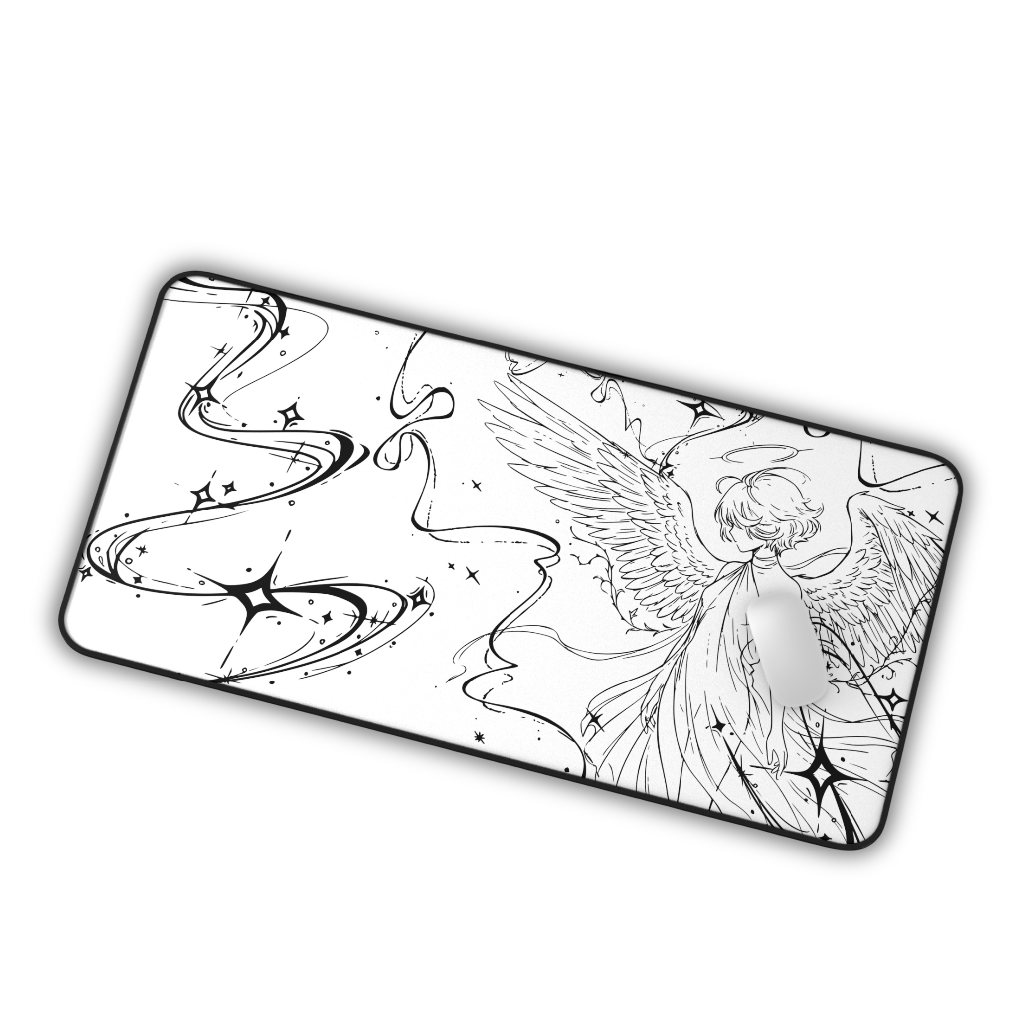 Angel Illustration – White Desk Mat – Winged Figure Line Art Mouse Pad