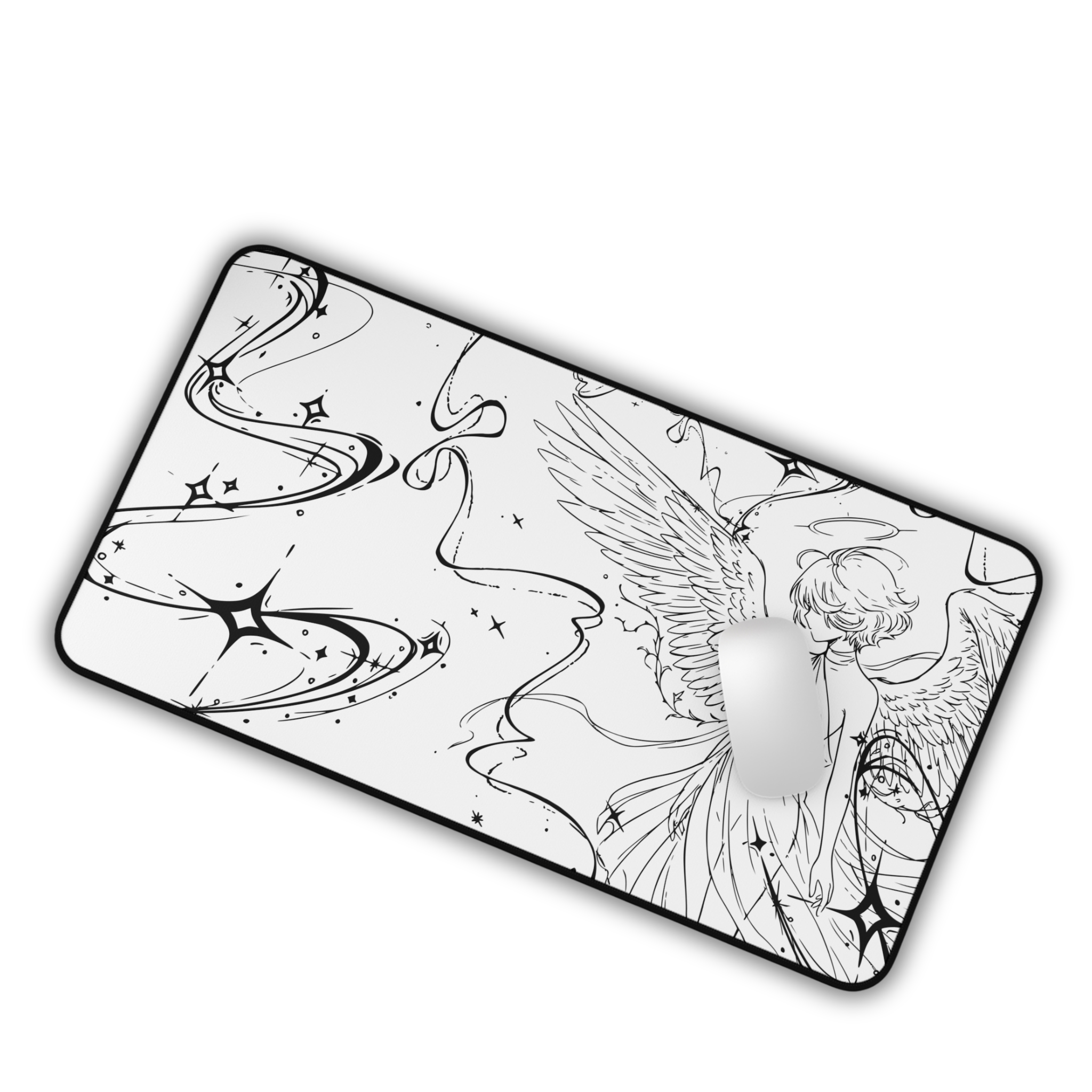 Angel Illustration – White Desk Mat – Winged Figure Line Art Mouse Pad