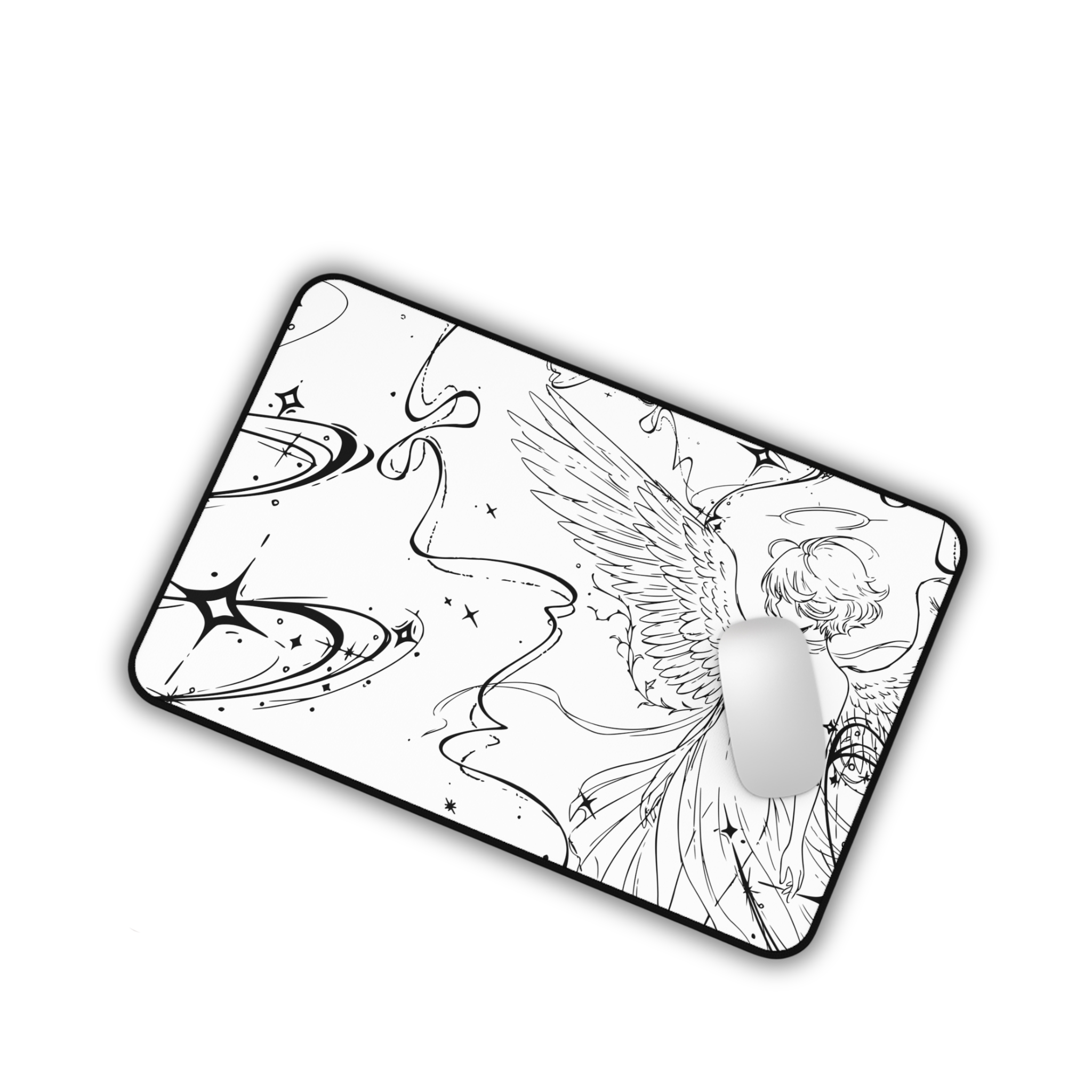 Angel Illustration – White Desk Mat – Winged Figure Line Art Mouse Pad
