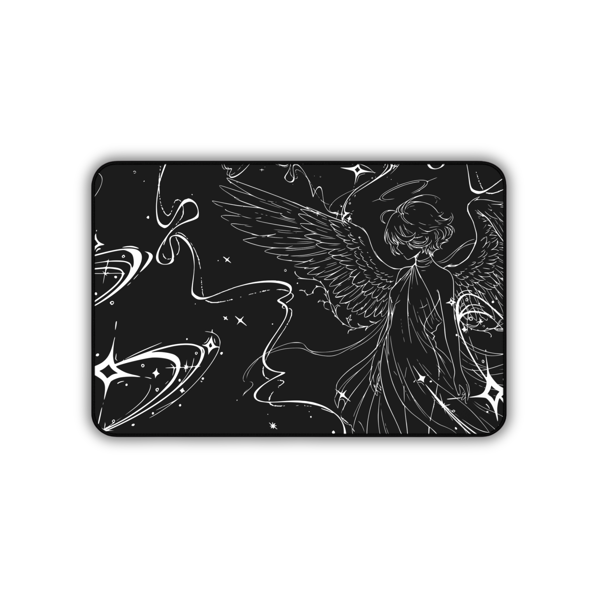 Celestial Angel Illustration – Black Desk Mat – Space Wings Mouse Pad