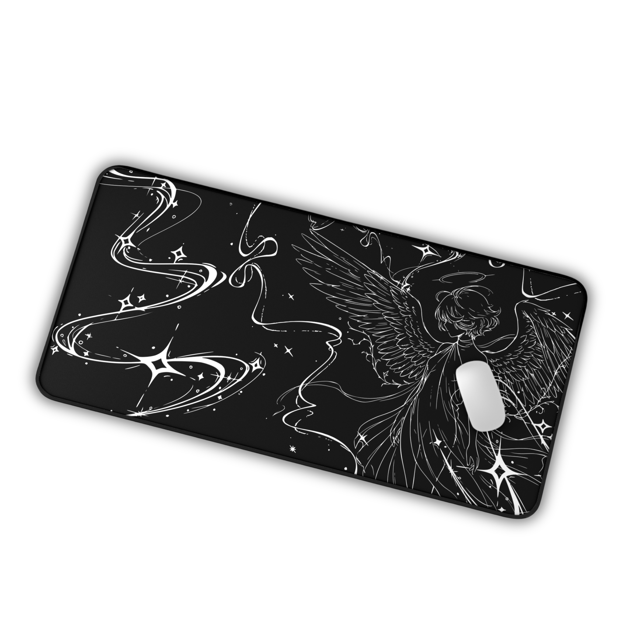 Celestial Angel Illustration – Black Desk Mat – Space Wings Mouse Pad