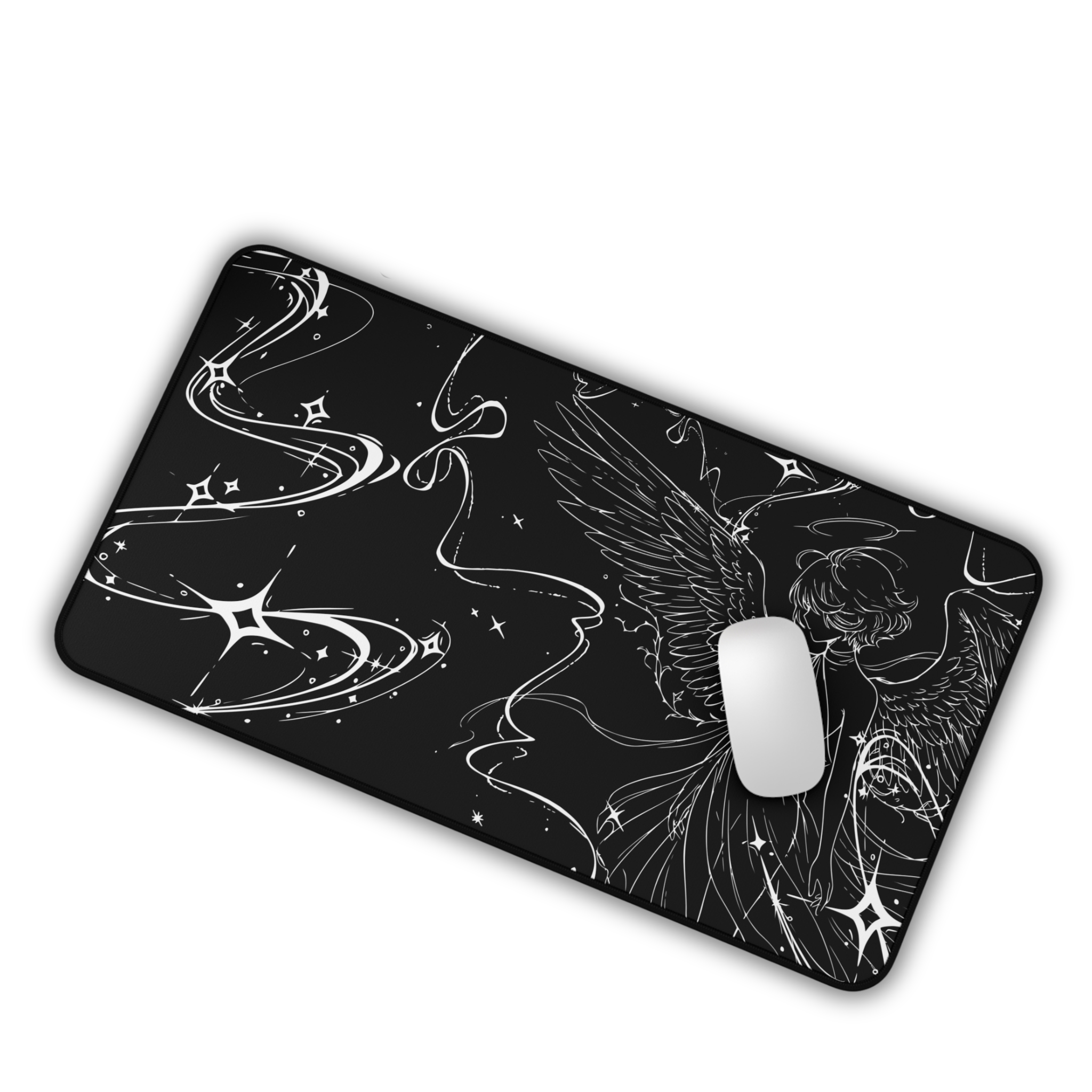 Celestial Angel Illustration – Black Desk Mat – Space Wings Mouse Pad