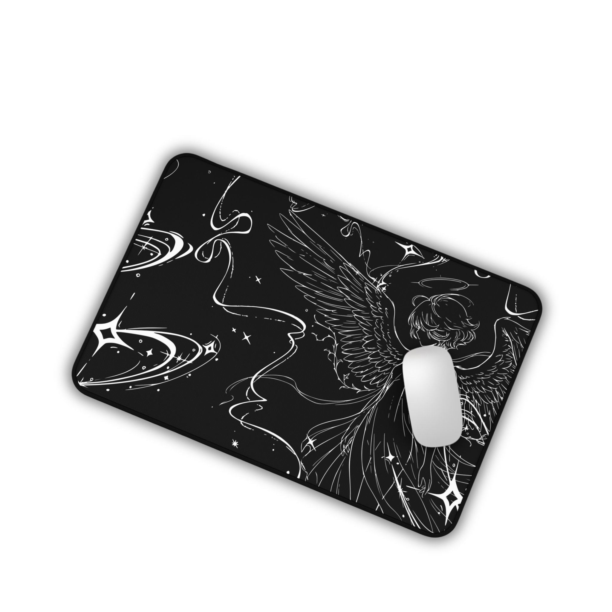 Celestial Angel Illustration – Black Desk Mat – Space Wings Mouse Pad