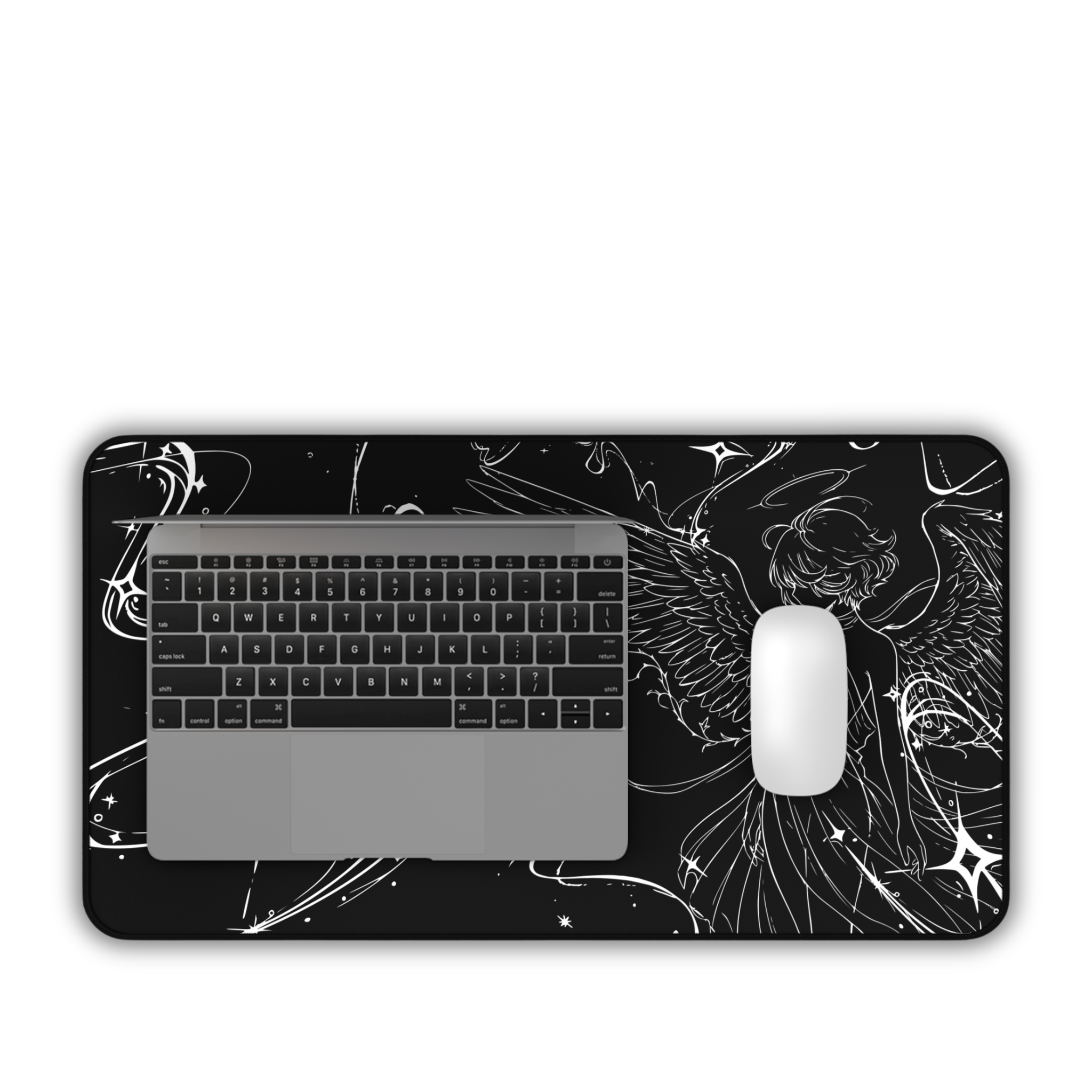 Celestial Angel Illustration – Black Desk Mat – Space Wings Mouse Pad