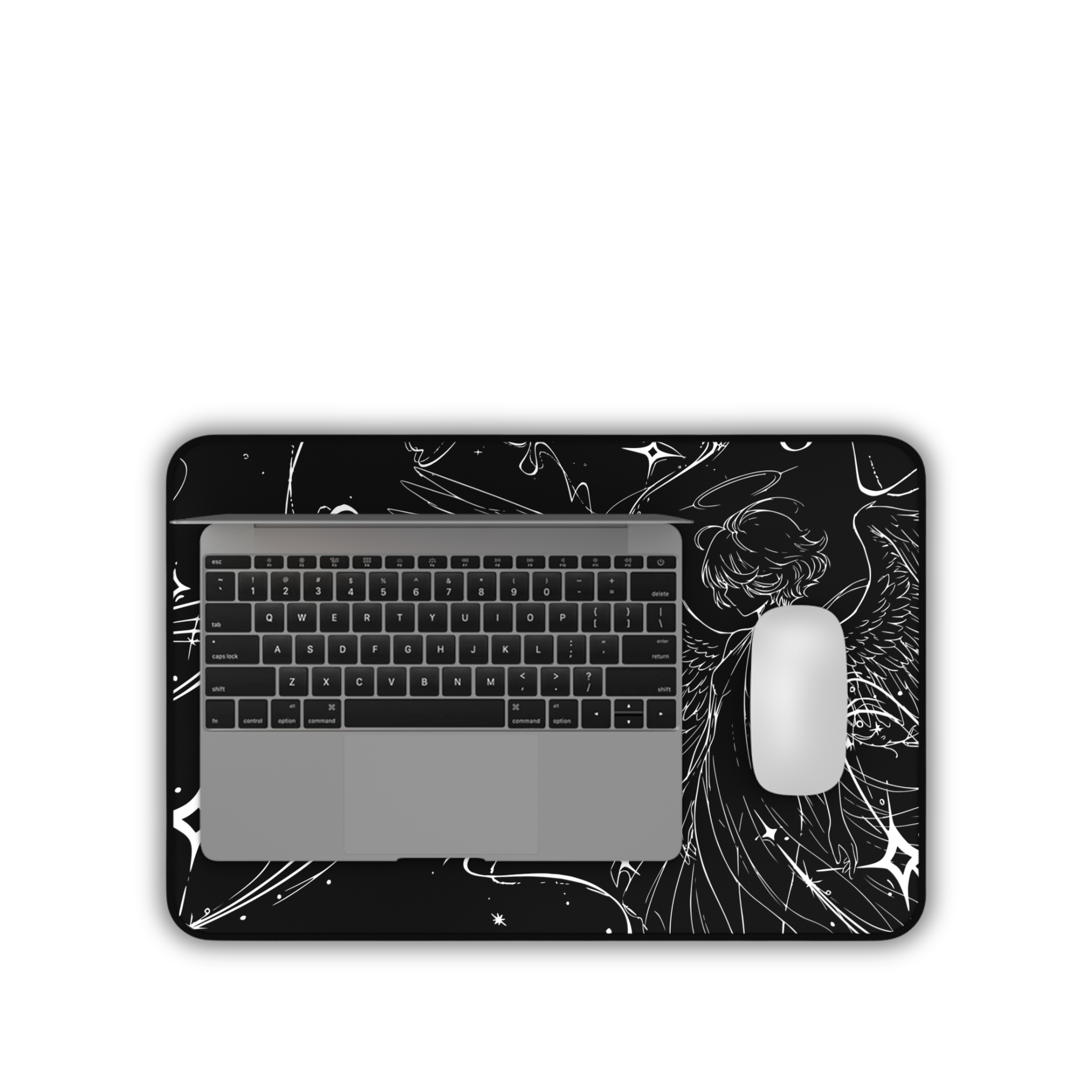 Celestial Angel Illustration – Black Desk Mat – Space Wings Mouse Pad