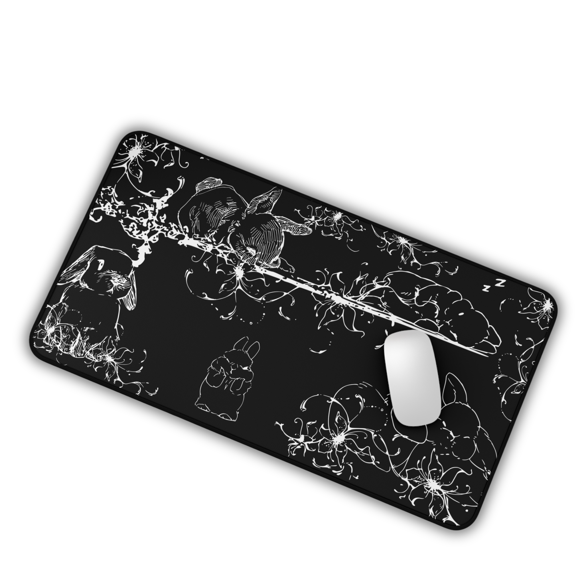 Sleeping Cute Bunnies – Black Desk Mat – Floral Rabbit Mouse Pad