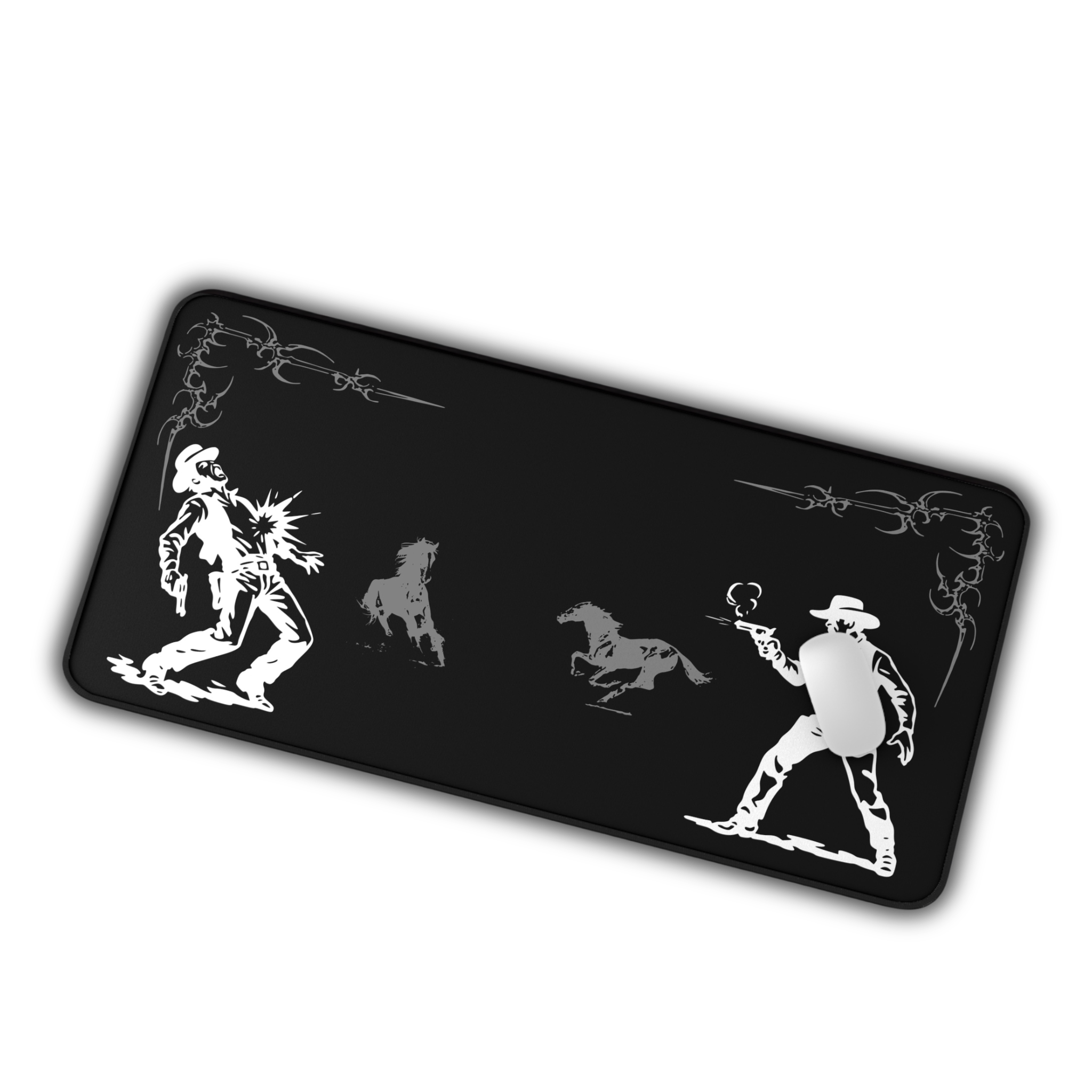Western Showdown – Black Desk Mat – Cowboy Duel Mouse Pad