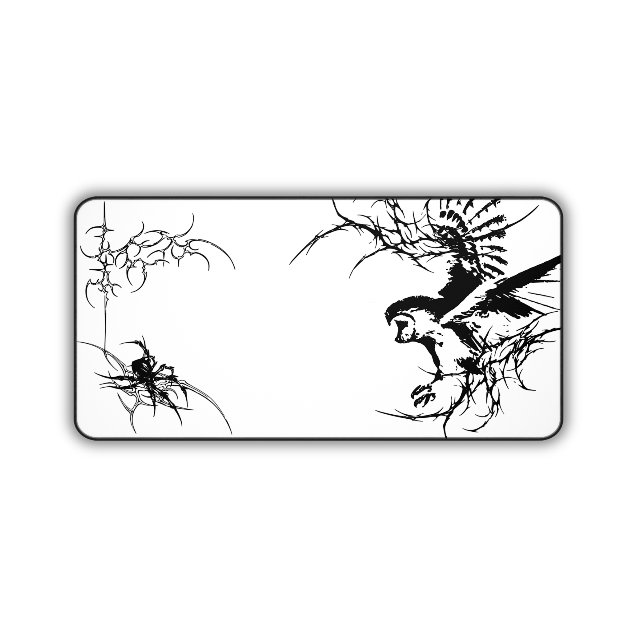 Owl Flight Cyber Sigil – White Desk Mat – Monochrome Owl Mouse Pad