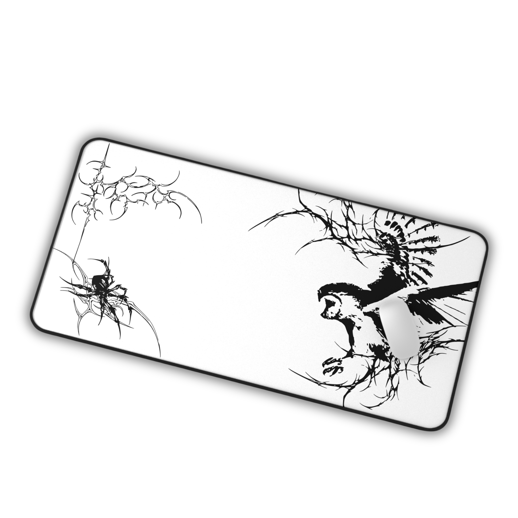 Owl Flight Cyber Sigil – White Desk Mat – Monochrome Owl Mouse Pad