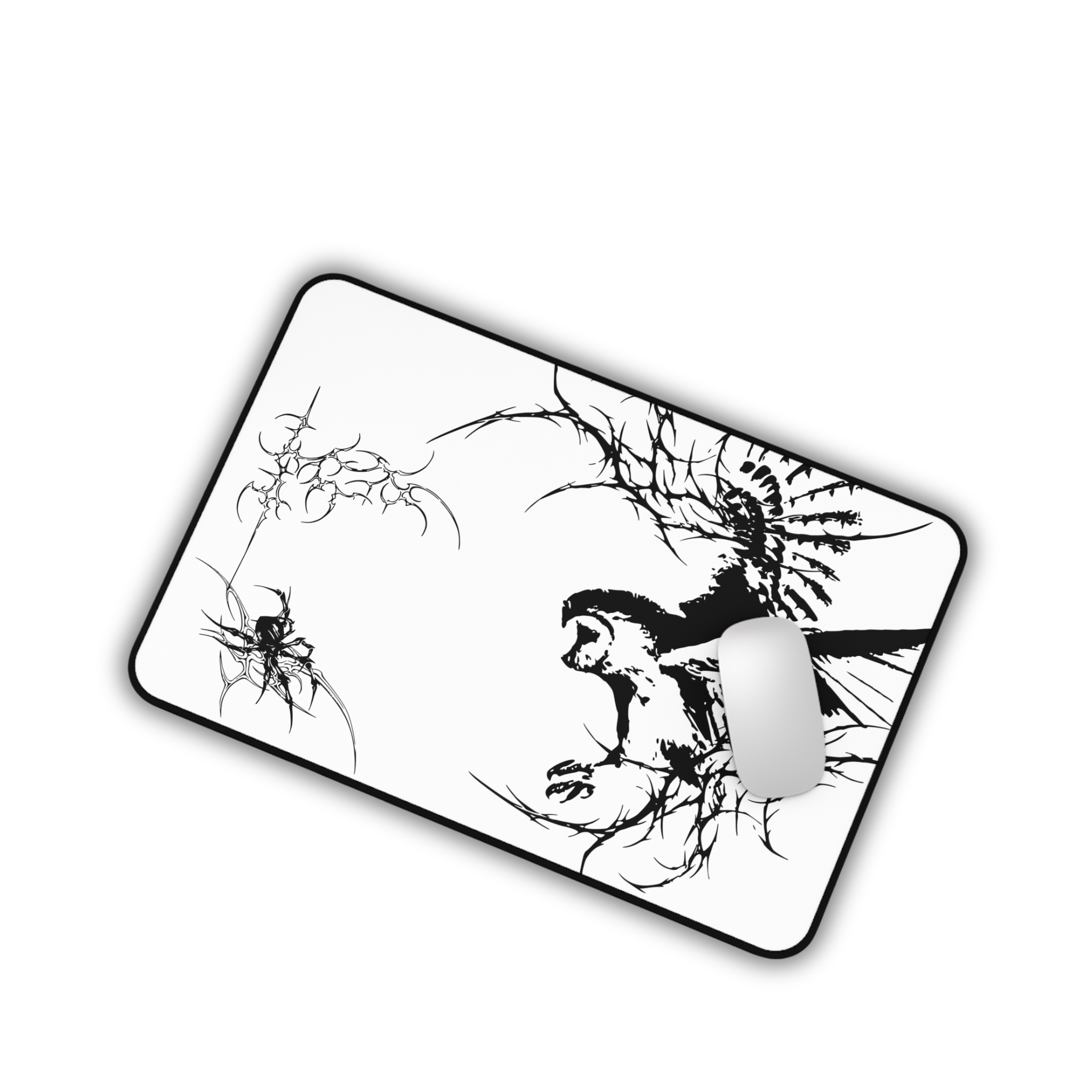 Owl Flight Cyber Sigil – White Desk Mat – Monochrome Owl Mouse Pad