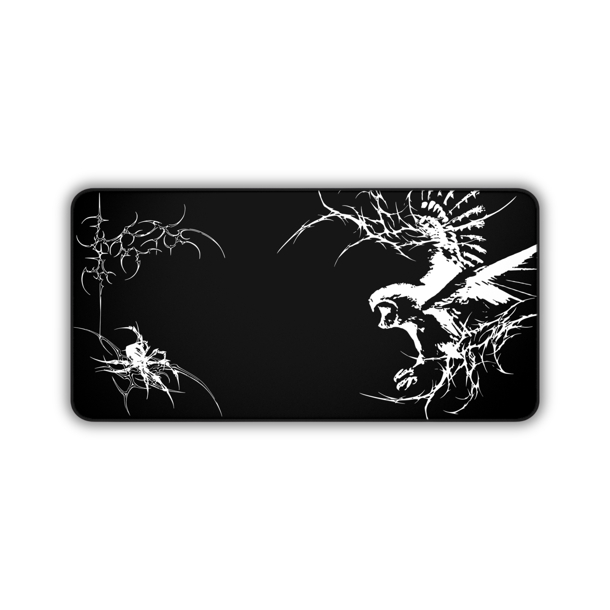 White Owl Cyber Sigil – Black Desk Mat – Gothic Owl Mouse Pad