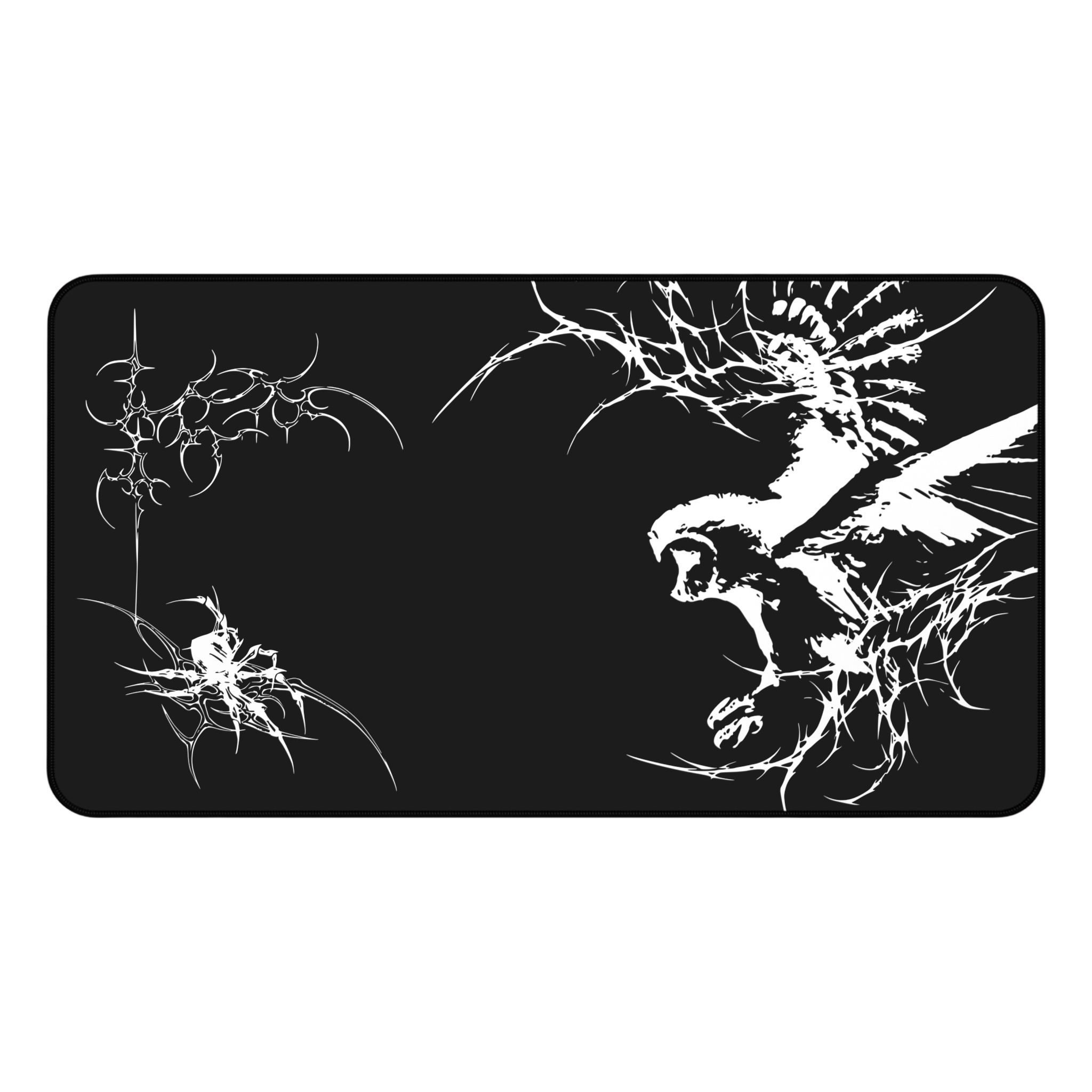 White Owl Cyber Sigil – Black Desk Mat – Gothic Owl Mouse Pad