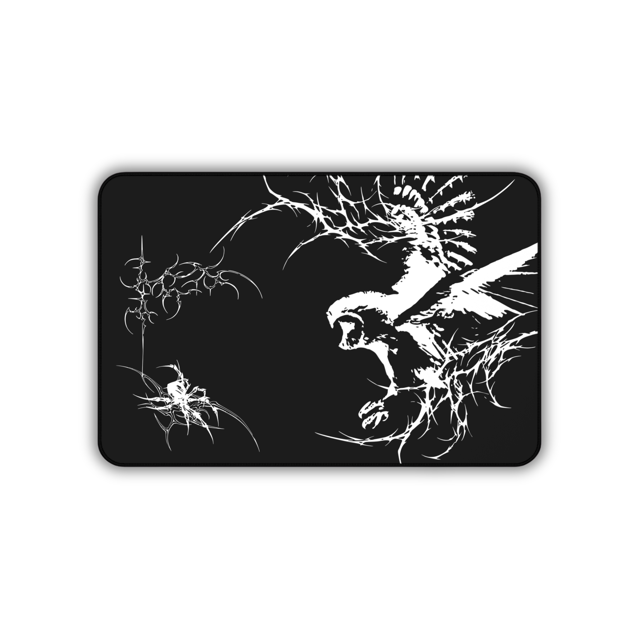 White Owl Cyber Sigil – Black Desk Mat – Gothic Owl Mouse Pad