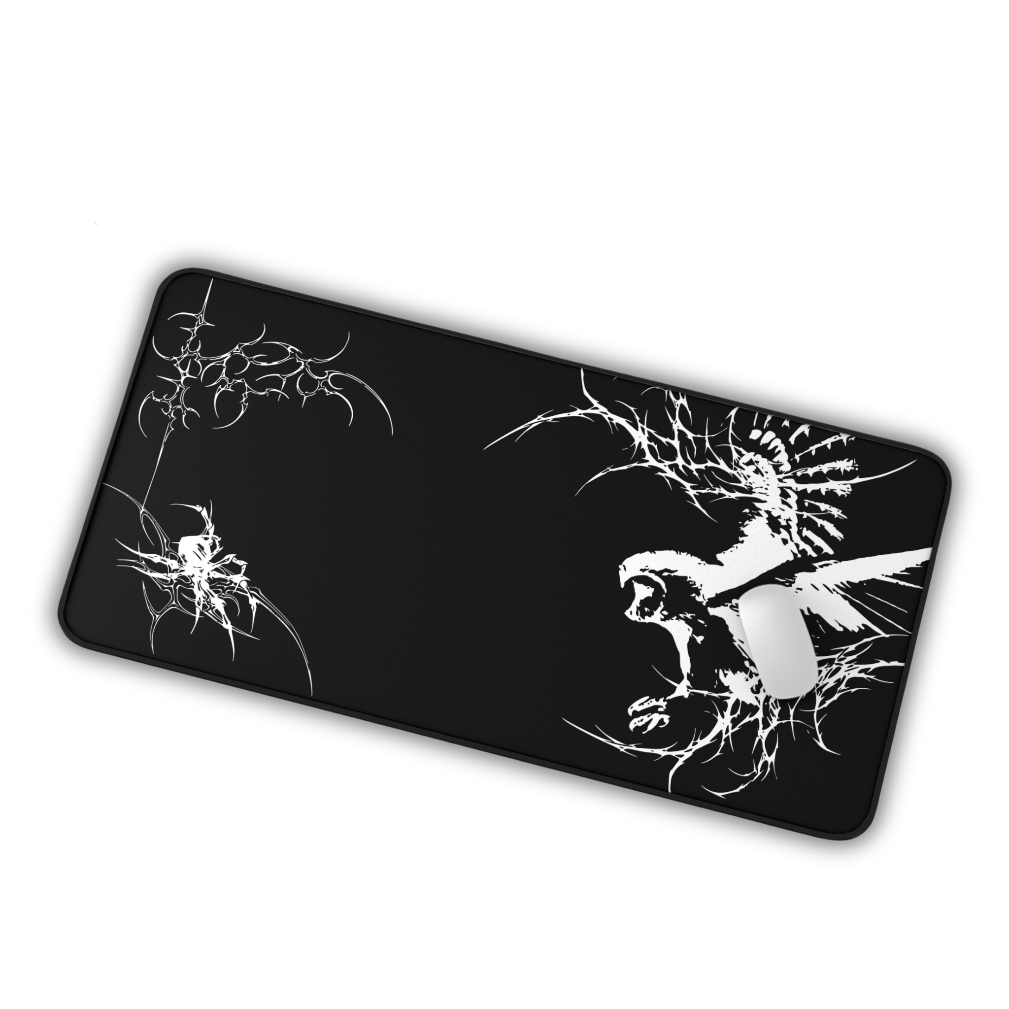 White Owl Cyber Sigil – Black Desk Mat – Gothic Owl Mouse Pad